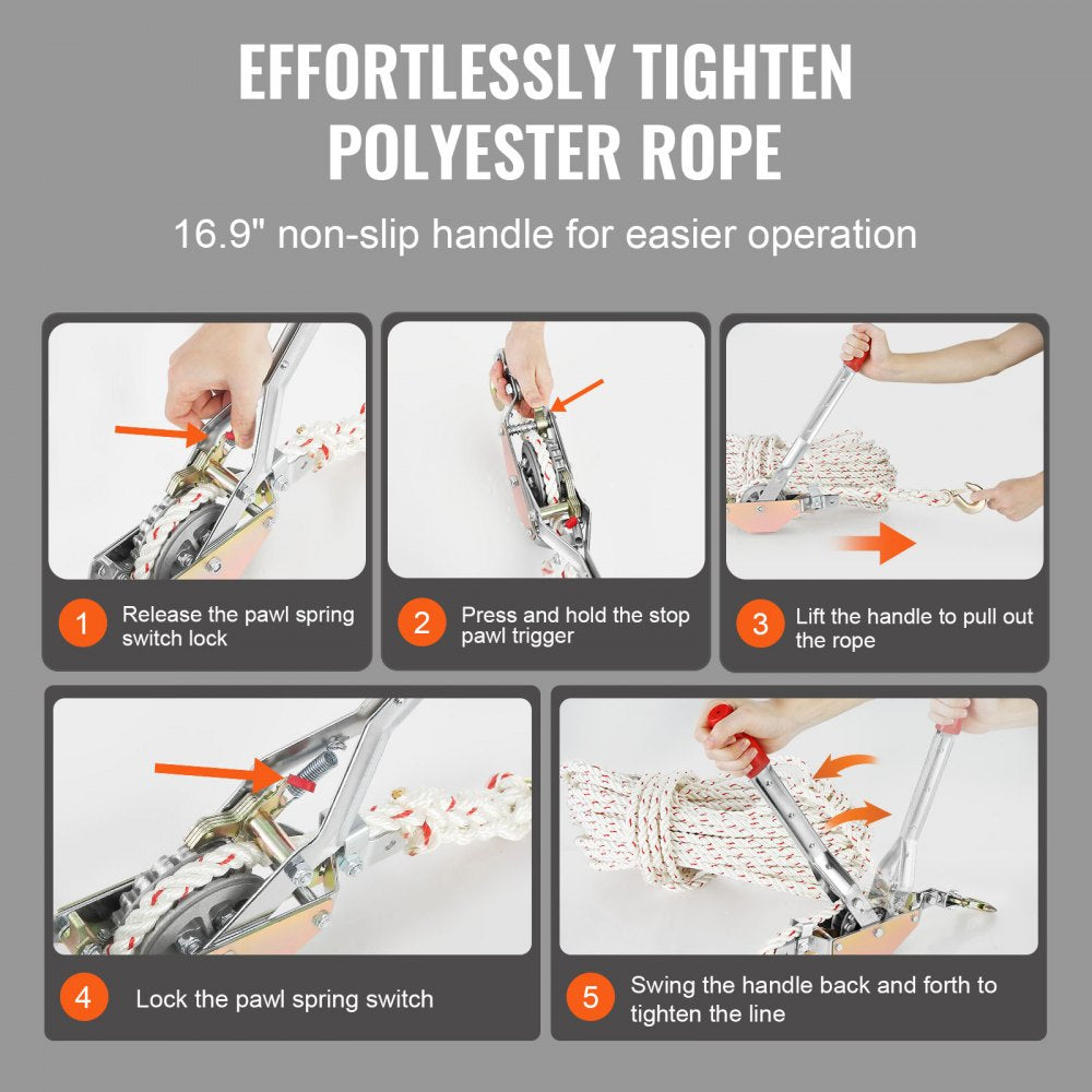 VEVOR Rope Puller, 3/4 Ton (1,653 lbs) Pulling Capacity, with 100' of 0.6" dia. Rope, 2 Hook, Come Along Winch, Heavy Duty Ratchet Power Puller Tool for Moving Boats, Securing Items, Transporting Logs 