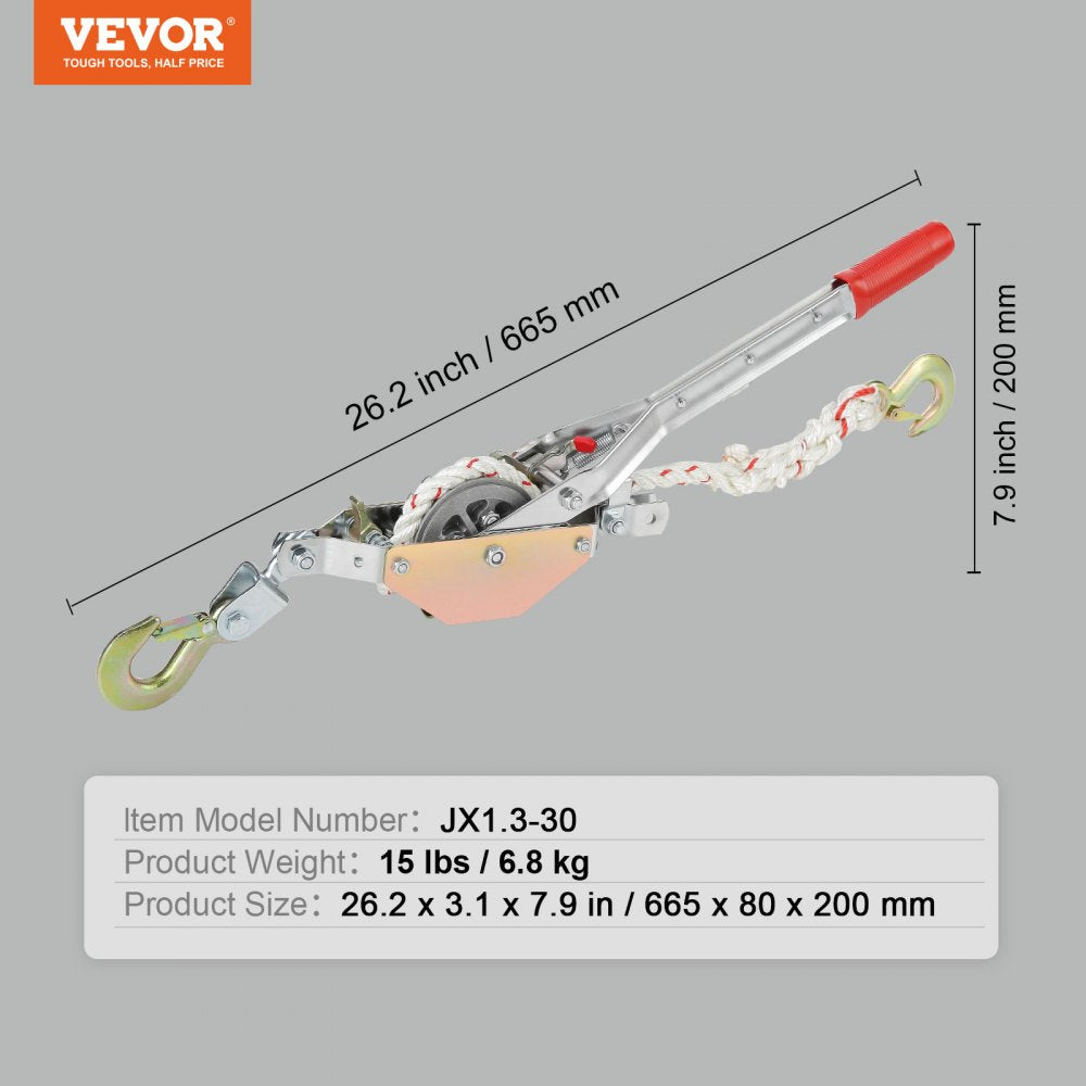 VEVOR Rope Puller, 3/4 Ton (1,653 lbs) Pulling Capacity, with 100' of 0.6" dia. Rope, 2 Hook, Come Along Winch, Heavy Duty Ratchet Power Puller Tool for Moving Boats, Securing Items, Transporting Logs 