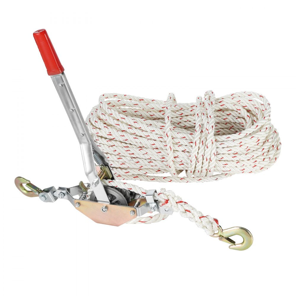 VEVOR Rope Puller, 3/4 Ton (1,653 lbs) Pulling Capacity, with 100' of 0.6" dia. Rope, 2 Hook, Come Along Winch, Heavy Duty Ratchet Power Puller Tool for Moving Boats, Securing Items, Transporting Logs 