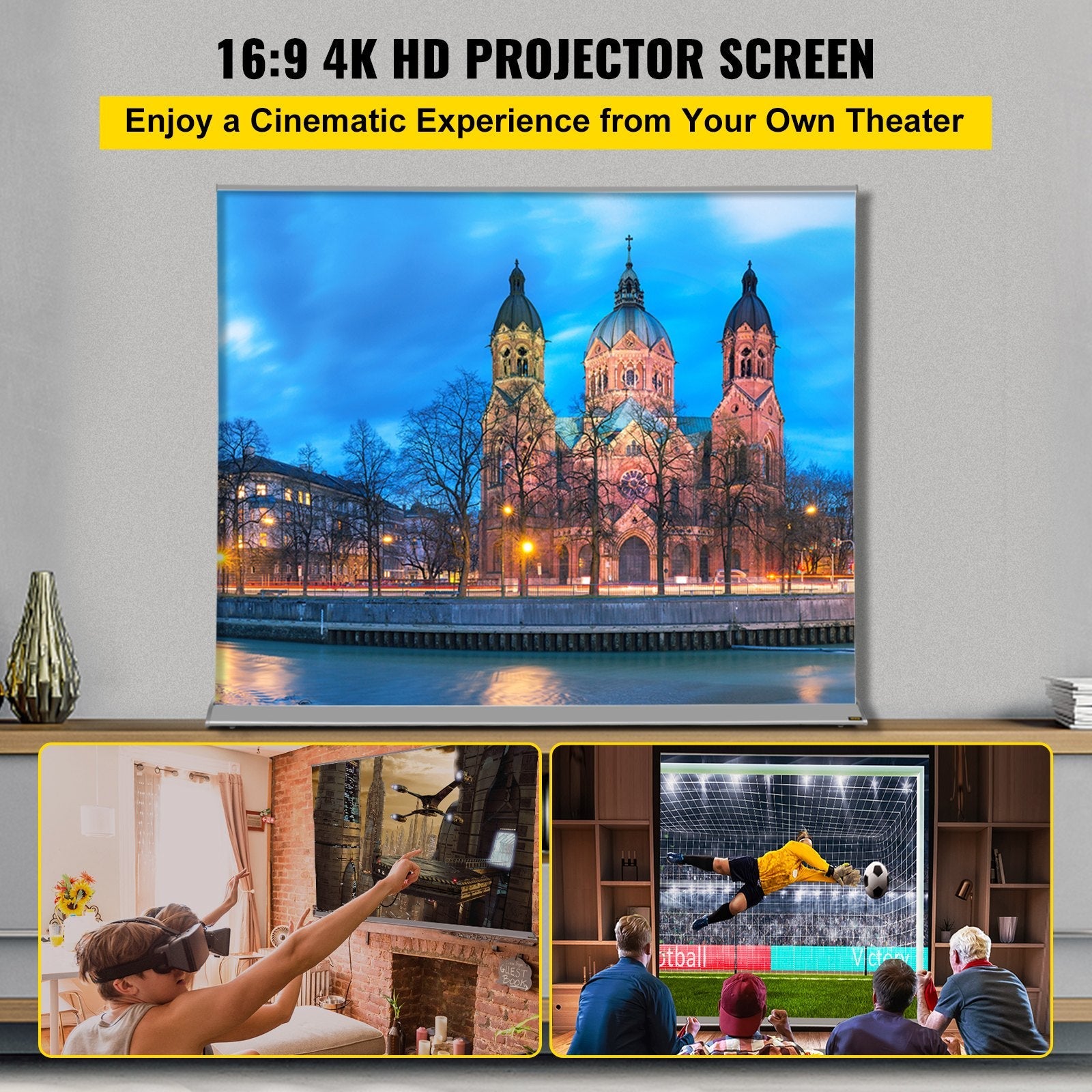 VEVOR Projector Screen, 110\" 16:9 4K/8K Ultra HDR, Pull Up Projector Screen, Portable Floor-Rising Projection Screen, Indoor Outdoor Movie Screen w/ Storage Bag for Home Backyard Theater Office 