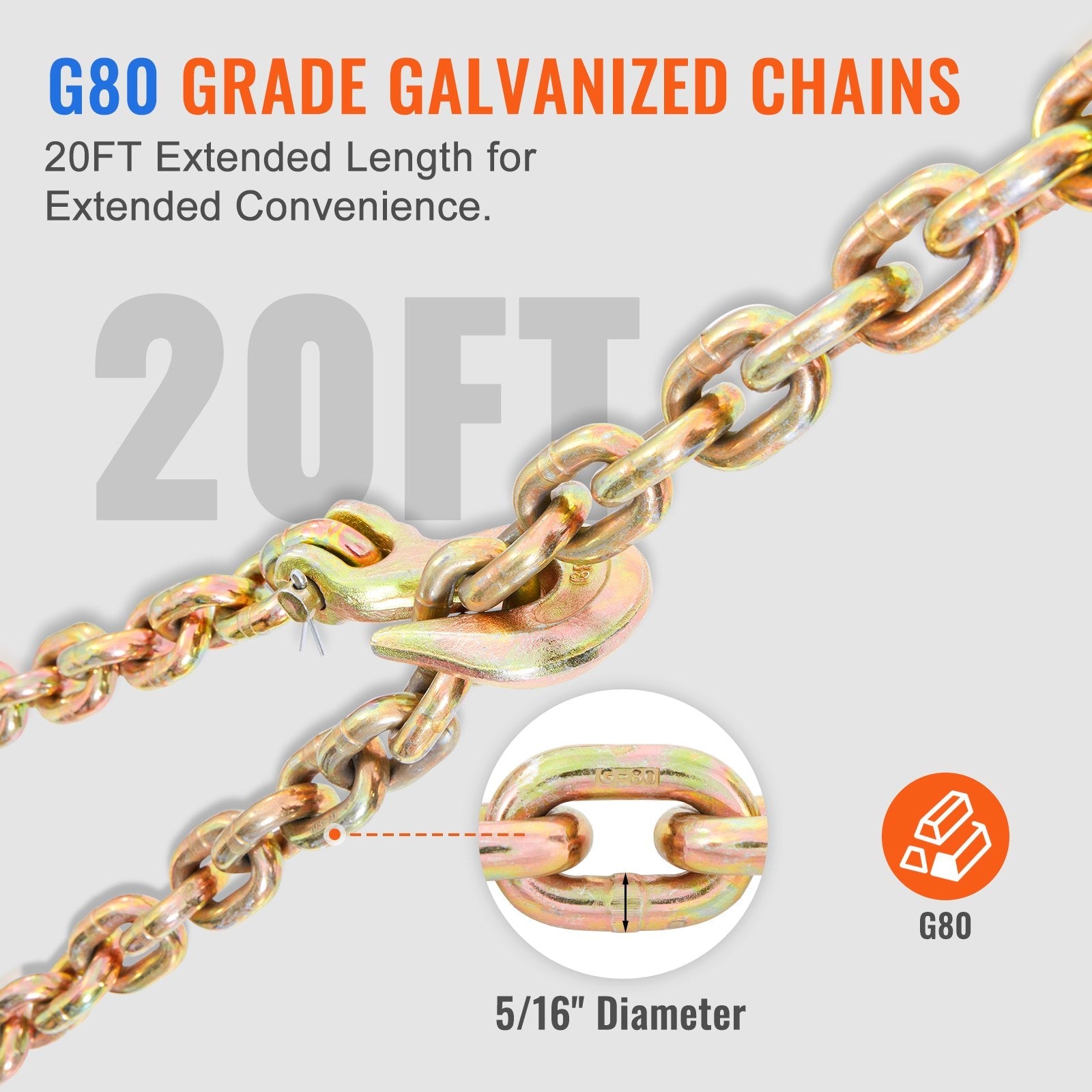 VEVOR Ratchet Chain Binder, 5/16"-3/8" Heavy Duty Load Binders, with G80 Chains 7100 lbs Secure Load Limit, Labor-saving Anti-skid Handle, Tie Down Hauling Chain Binders for Flatbed Truck Trailer, 2 P 
