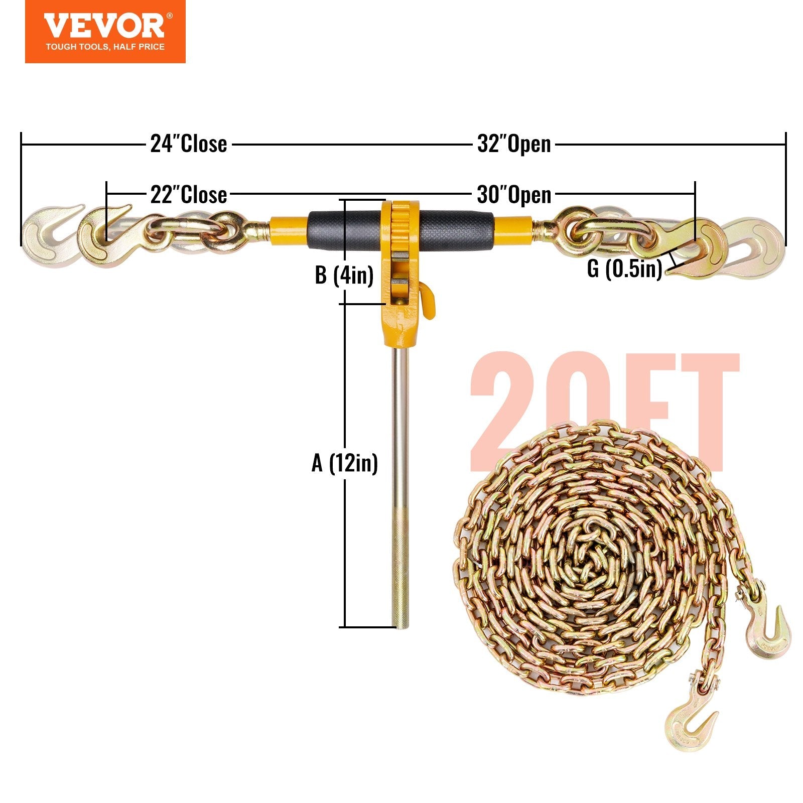 VEVOR Ratchet Chain Binder, 5/16"-3/8" Heavy Duty Load Binders, with G80 Chains 7100 lbs Secure Load Limit, Labor-saving Anti-skid Handle, Tie Down Hauling Chain Binders for Flatbed Truck Trailer, 4 P 
