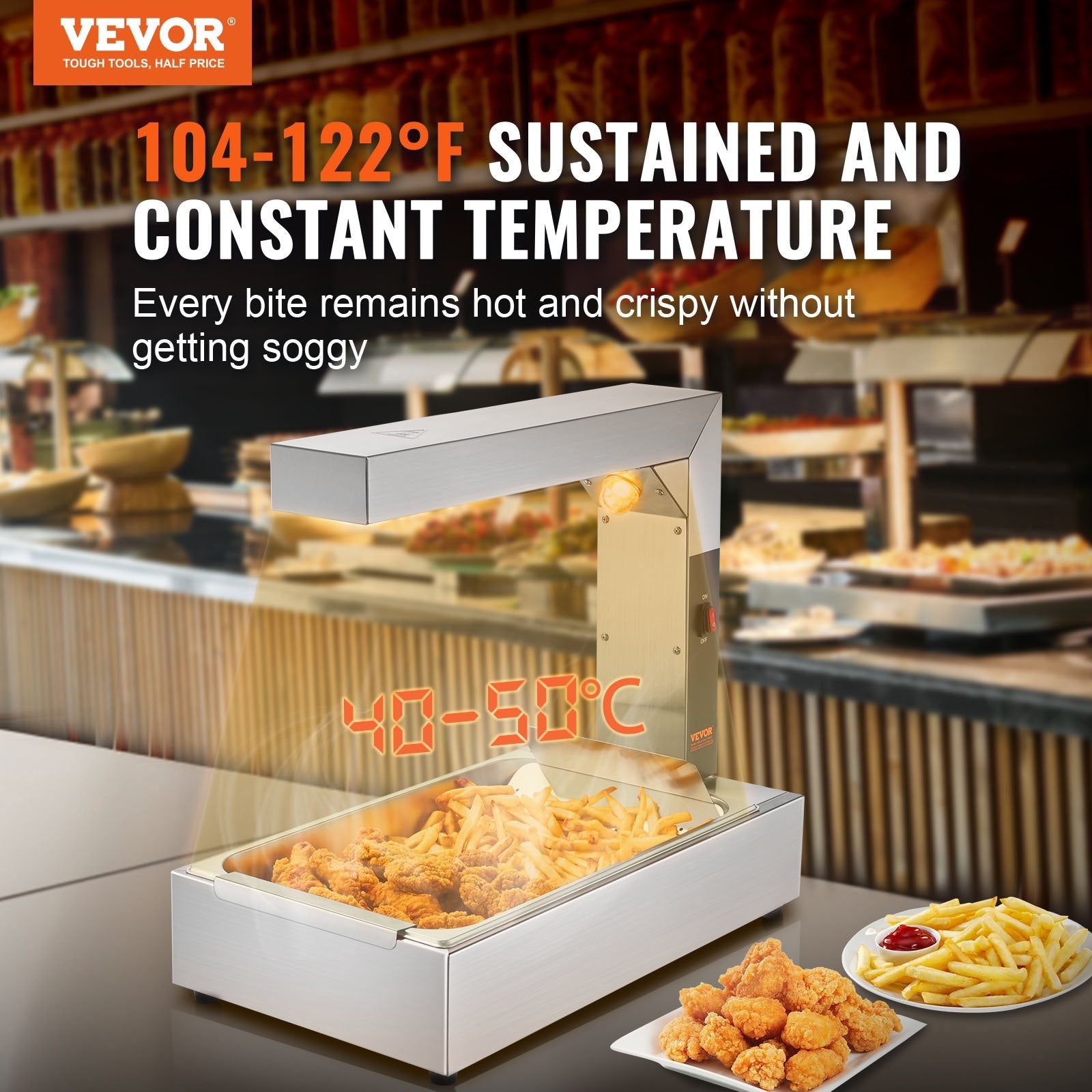 VEVOR French Fry Food Warmer, 750W Commercial Food Heating Lamp, Electric Stainless Steel Warming Light Dump Station, Countertop 104-122°F Fries Food Warmer for Chip Buffet Kitchen Restaurant, Silver 