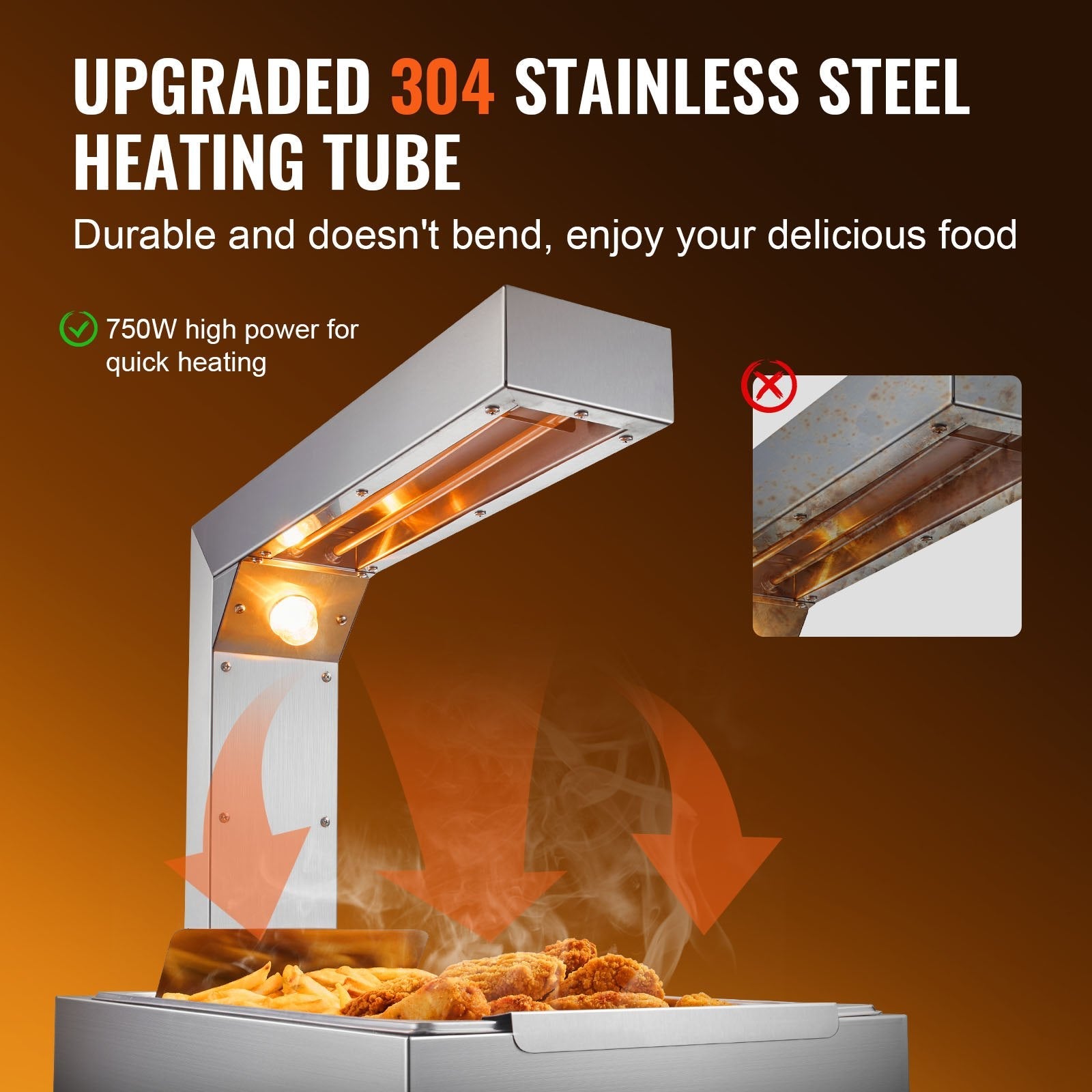 VEVOR French Fry Food Warmer, 750W Commercial Food Heating Lamp, Electric Stainless Steel Warming Light Dump Station, Countertop 104-122°F Fries Food Warmer for Chip Buffet Kitchen Restaurant, Silver 