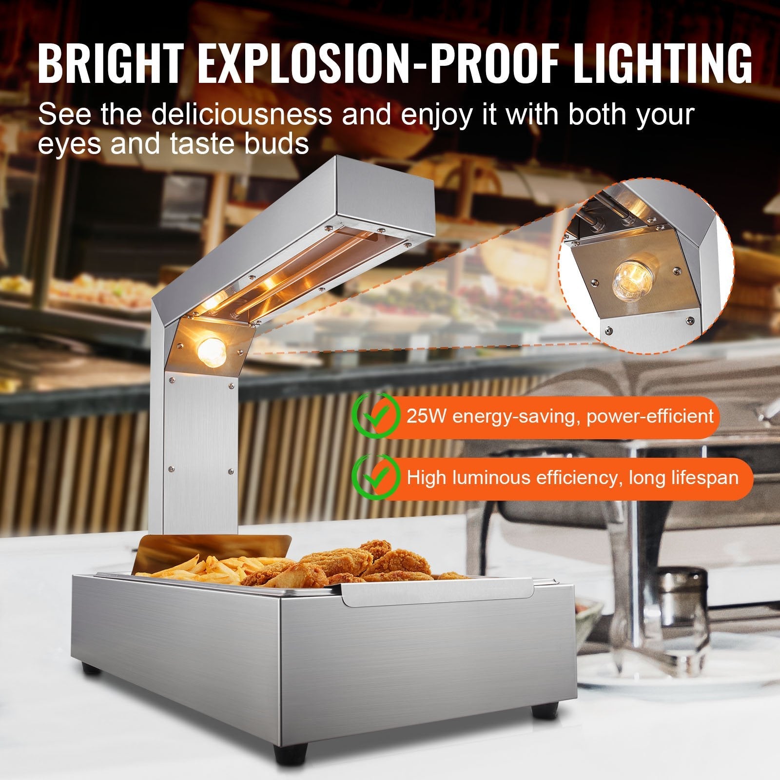 VEVOR French Fry Food Warmer, 750W Commercial Food Heating Lamp, Electric Stainless Steel Warming Light Dump Station, Countertop 104-122°F Fries Food Warmer for Chip Buffet Kitchen Restaurant, Silver 