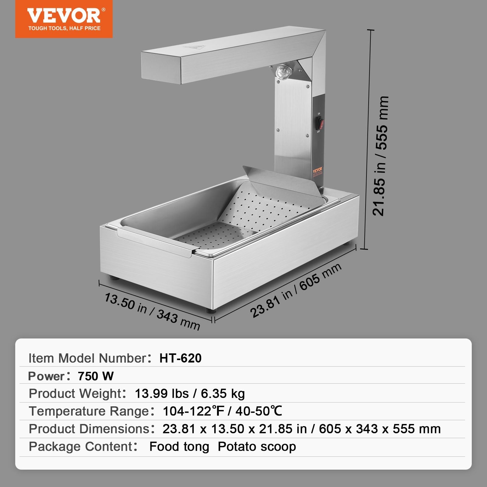 VEVOR French Fry Food Warmer, 750W Commercial Food Heating Lamp, Electric Stainless Steel Warming Light Dump Station, Countertop 104-122°F Fries Food Warmer for Chip Buffet Kitchen Restaurant, Silver 