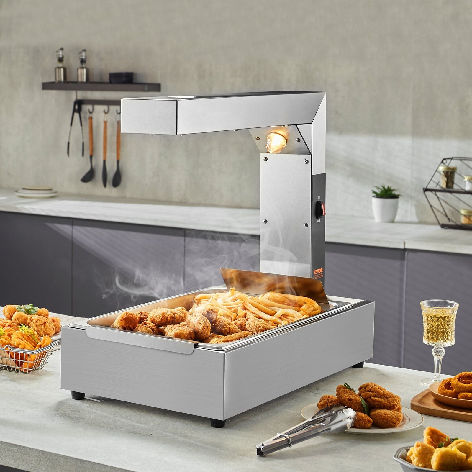 VEVOR French Fry Food Warmer, 750W Commercial Food Heating Lamp, Electric Stainless Steel Warming Light Dump Station, Countertop 104-122°F Fries Food Warmer for Chip Buffet Kitchen Restaurant, Silver 