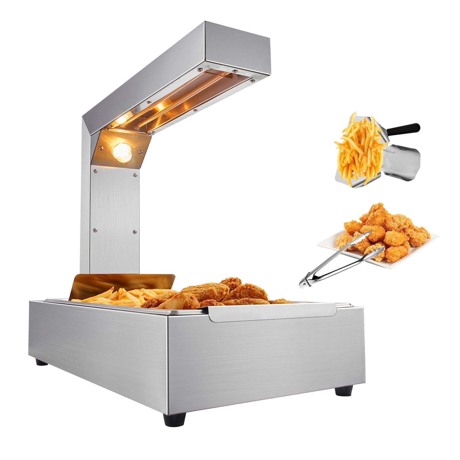 VEVOR French Fry Food Warmer, 750W Commercial Food Heating Lamp, Electric Stainless Steel Warming Light Dump Station, Countertop 104-122°F Fries Food Warmer for Chip Buffet Kitchen Restaurant, Silver 
