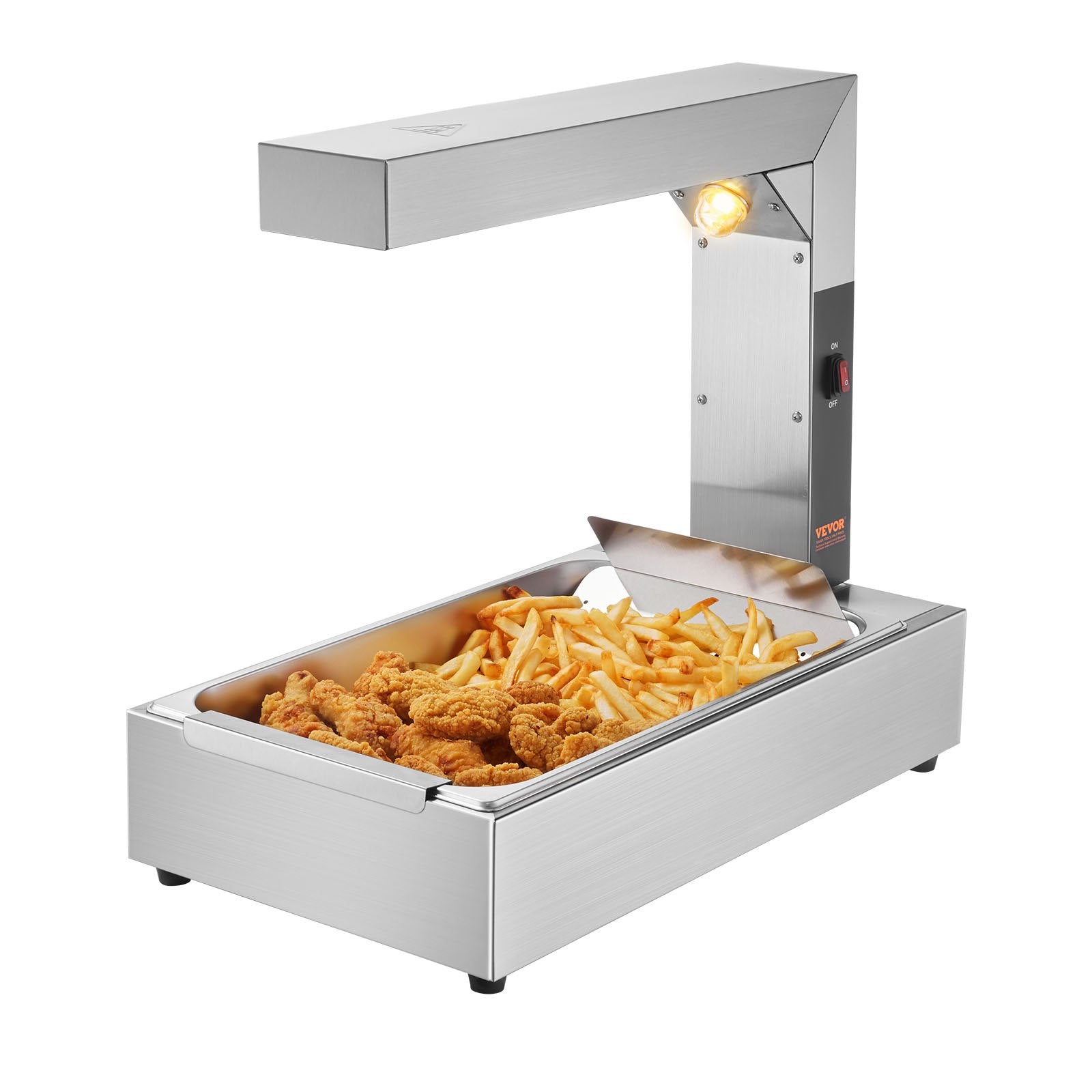 VEVOR French Fry Food Warmer, 750W Commercial Food Heating Lamp, Electric Stainless Steel Warming Light Dump Station, Countertop 104-122°F Fries Food Warmer for Chip Buffet Kitchen Restaurant, Silver 