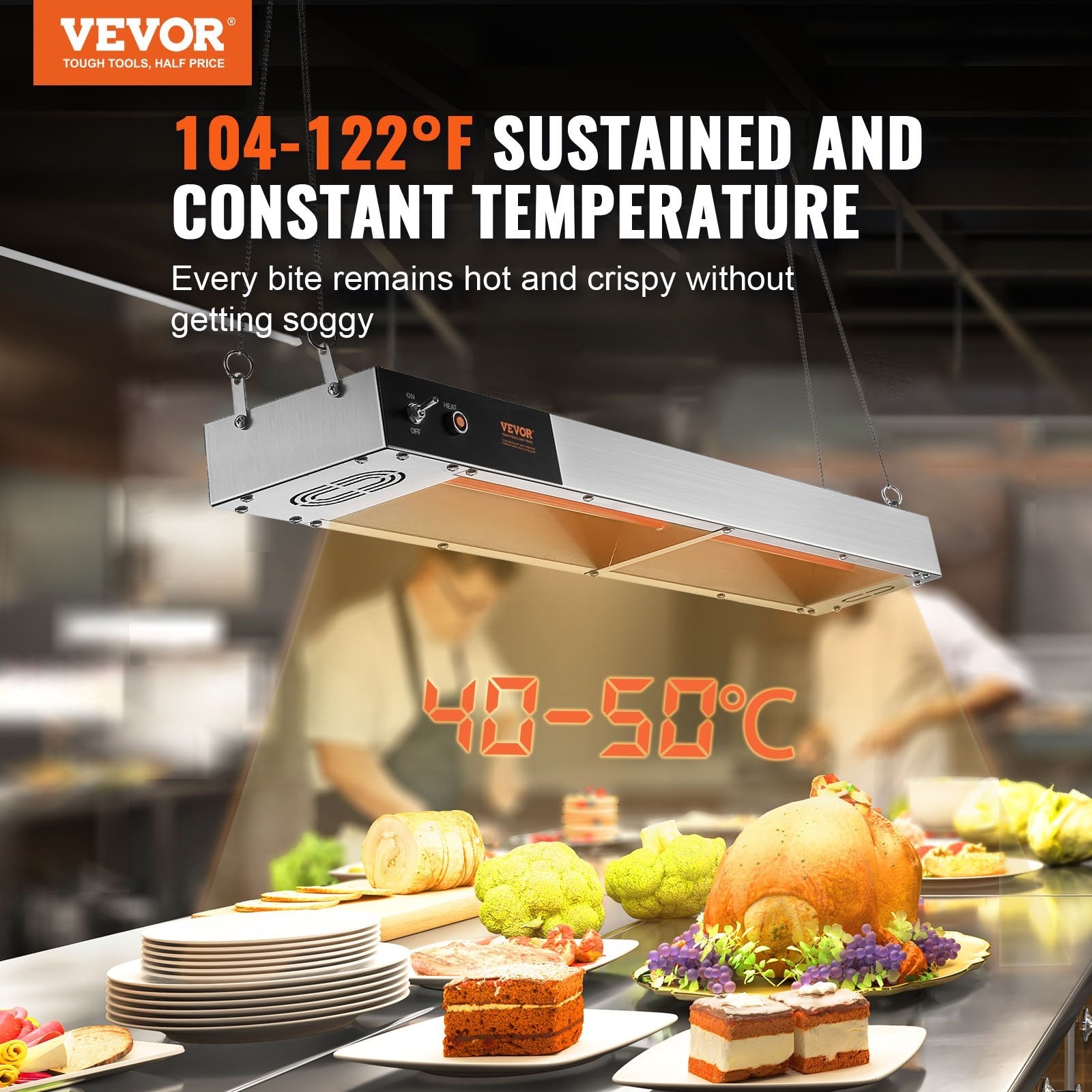 VEVOR French Fry Food Warmer, 850W Commercial Strip Food Heating Lamp, Electric Stainless Steel Warming Light Dump Station, Overhead 104-122°F Fries Warmer for Chip Buffet Kitchen Restaurant, Silver 