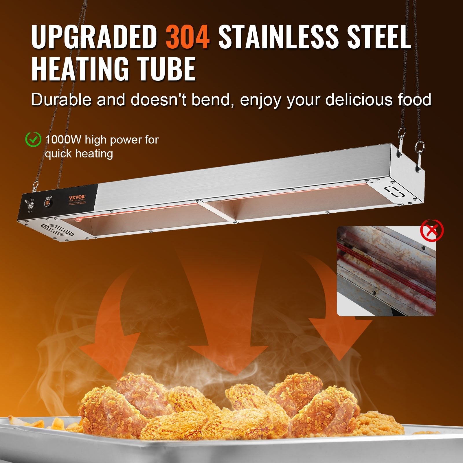 VEVOR French Fry Food Warmer, 850W Commercial Strip Food Heating Lamp, Electric Stainless Steel Warming Light Dump Station, Overhead 104-122°F Fries Warmer for Chip Buffet Kitchen Restaurant, Silver 