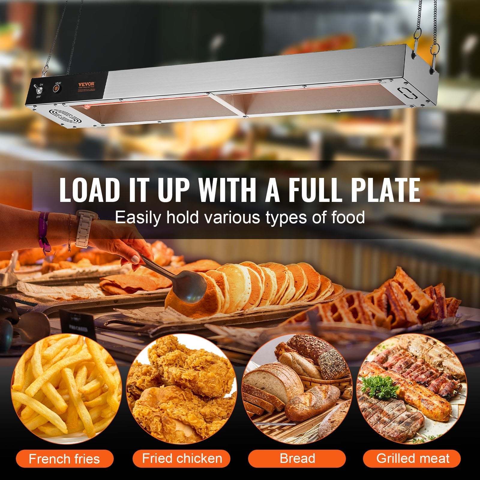 VEVOR French Fry Food Warmer, 850W Commercial Strip Food Heating Lamp, Electric Stainless Steel Warming Light Dump Station, Overhead 104-122°F Fries Warmer for Chip Buffet Kitchen Restaurant, Silver 