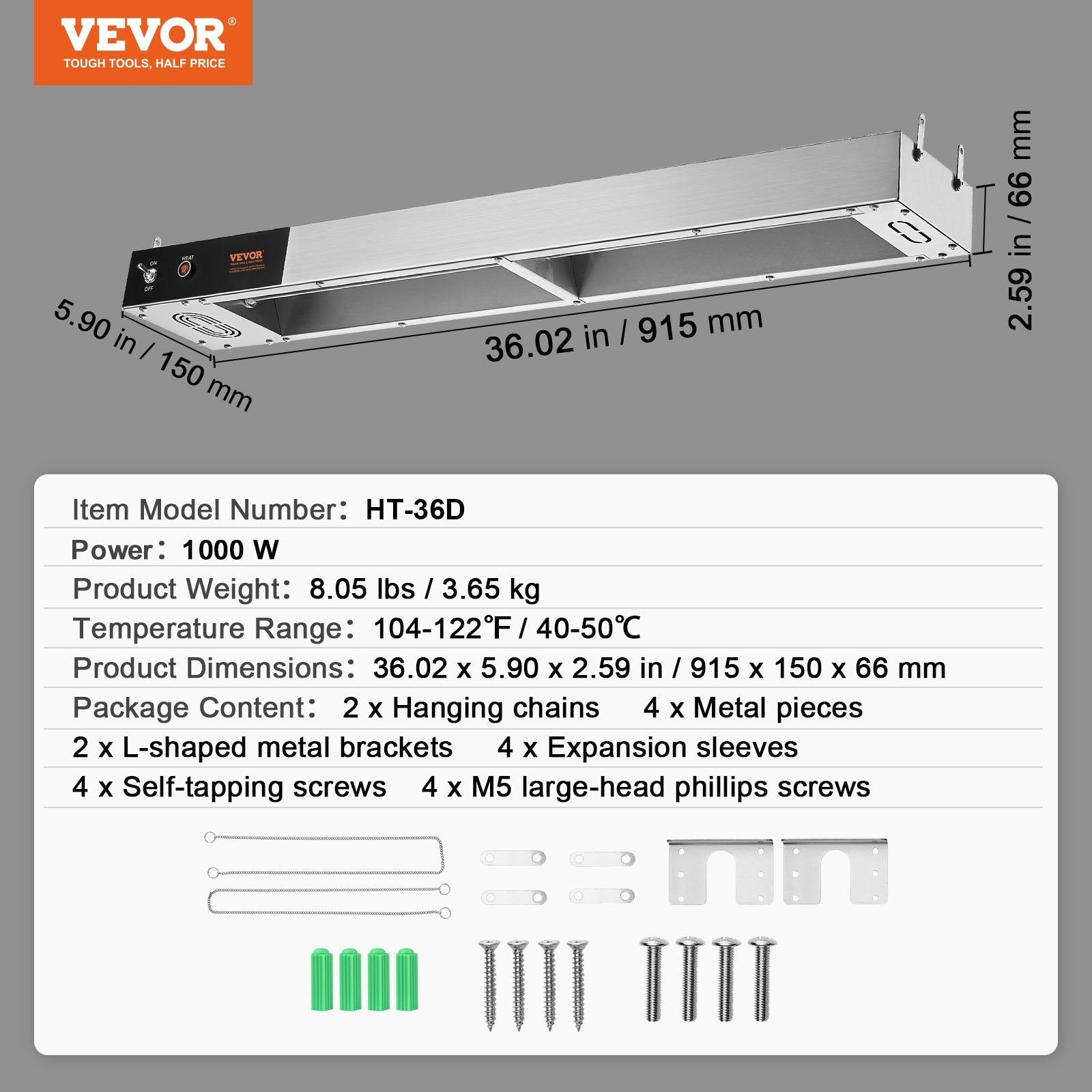 VEVOR French Fry Food Warmer, 850W Commercial Strip Food Heating Lamp, Electric Stainless Steel Warming Light Dump Station, Overhead 104-122°F Fries Warmer for Chip Buffet Kitchen Restaurant, Silver 