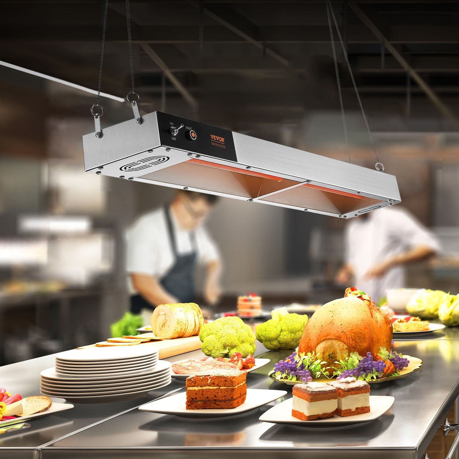 VEVOR French Fry Food Warmer, 850W Commercial Strip Food Heating Lamp, Electric Stainless Steel Warming Light Dump Station, Overhead 104-122°F Fries Warmer for Chip Buffet Kitchen Restaurant, Silver 