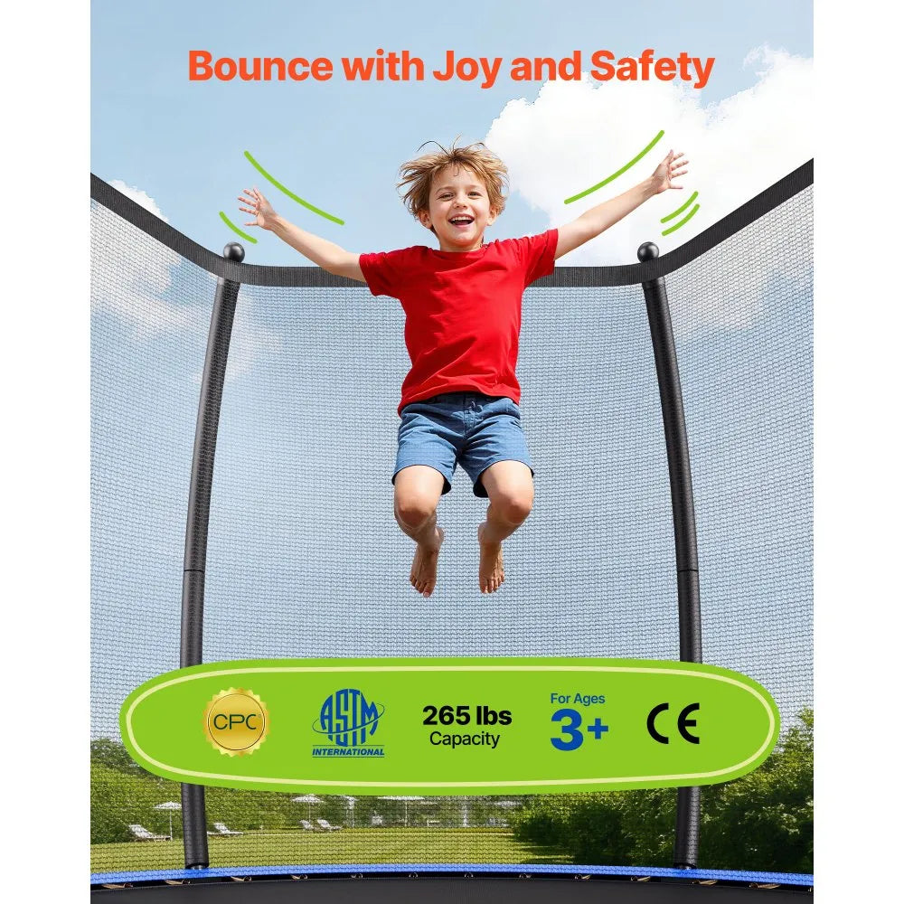 VEVOR Outdoor Trampoline, 8FT Recreational Trampoline, ASTM Approved Trampolines with Enclosure Net & Thickened Pad, Max 265 lbs Weight Capacity, Anti-Rust Backyard Trampolines for Kids & Adults 