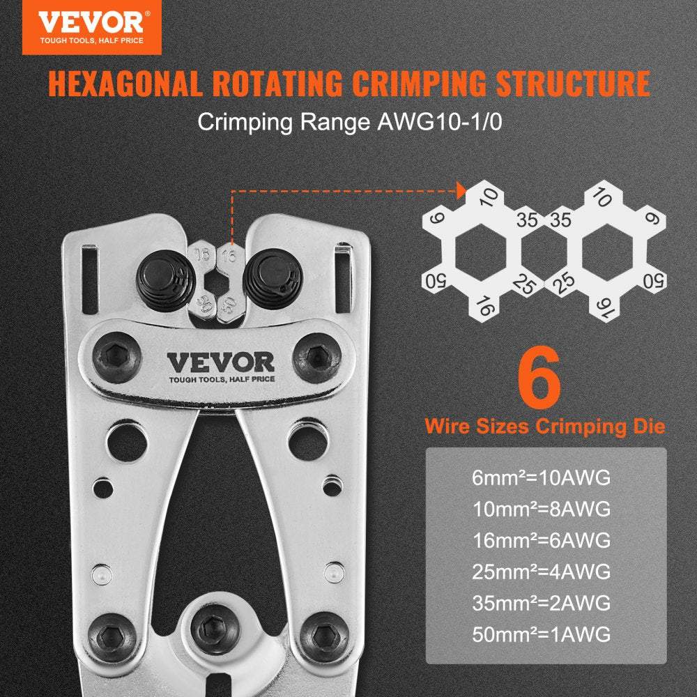 VEVOR Battery Cable Lug Crimping Tool, 10-1/0AWG Aluminum Terminal Battery Lug Crimper, with 60PCS Aluminum Ring Connectors Terminals 6 Wire Sizes Crimping Die, for Heavy Duty Wire Lugs 