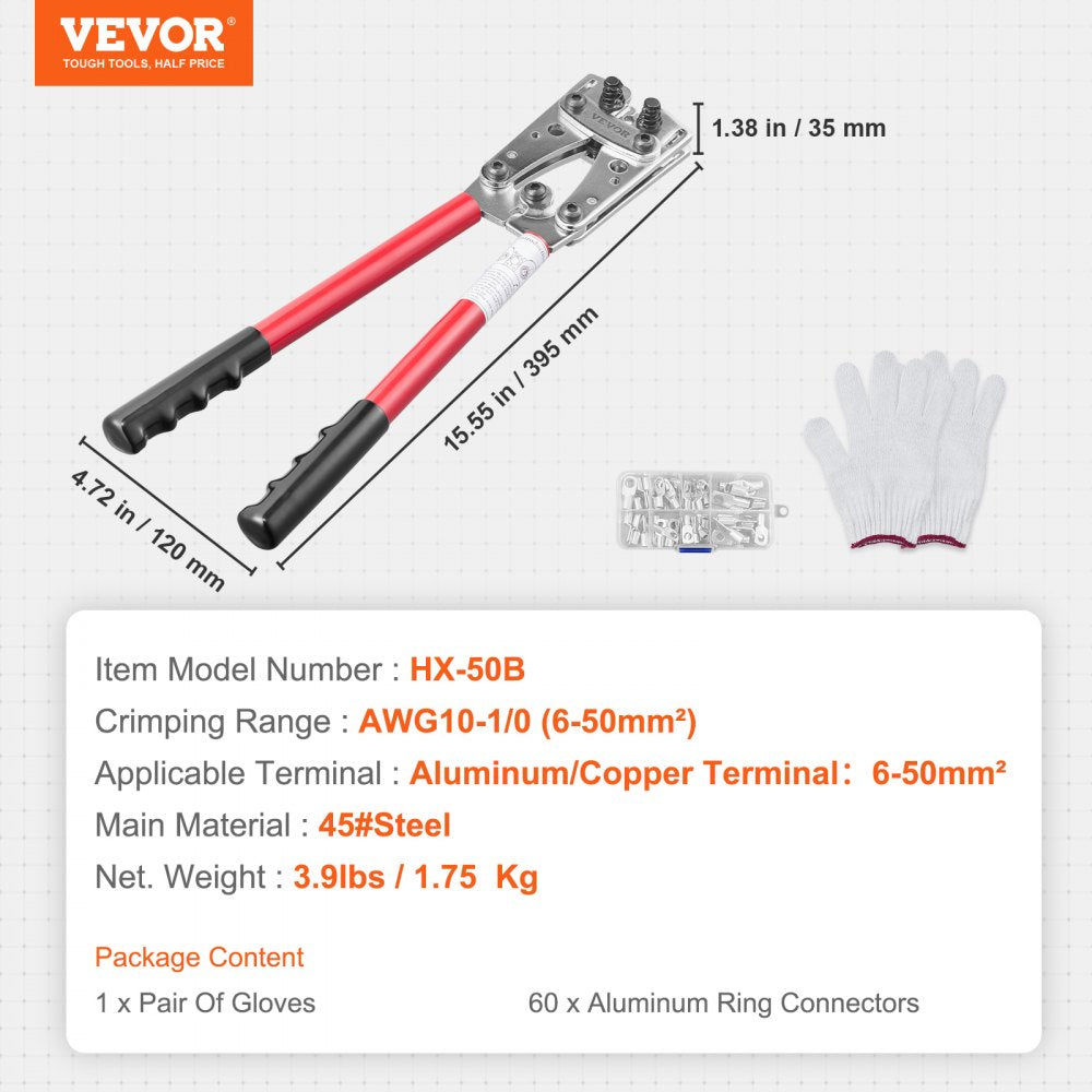 VEVOR Battery Cable Lug Crimping Tool, 10-1/0AWG Aluminum Terminal Battery Lug Crimper, with 60PCS Aluminum Ring Connectors Terminals 6 Wire Sizes Crimping Die, for Heavy Duty Wire Lugs 