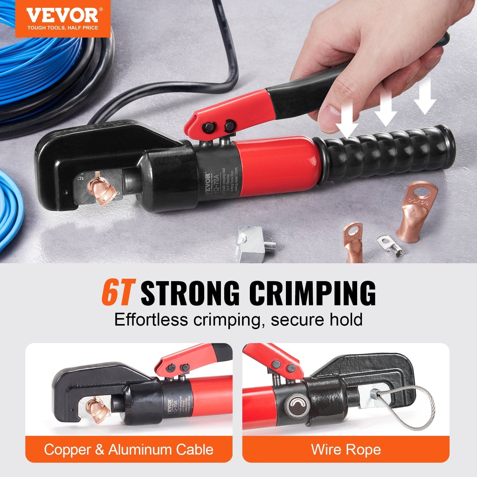 VEVOR Crimping Tool, AWG12-2/0 Copper And Aluminum Terminal Battery Lug Hydraulic Crimper, with a Cutting Pliers, Gloves, 10pcs Copper Ring Connectors, 8 x Heat Shrink Sleeves and a Blow Moulded Case 