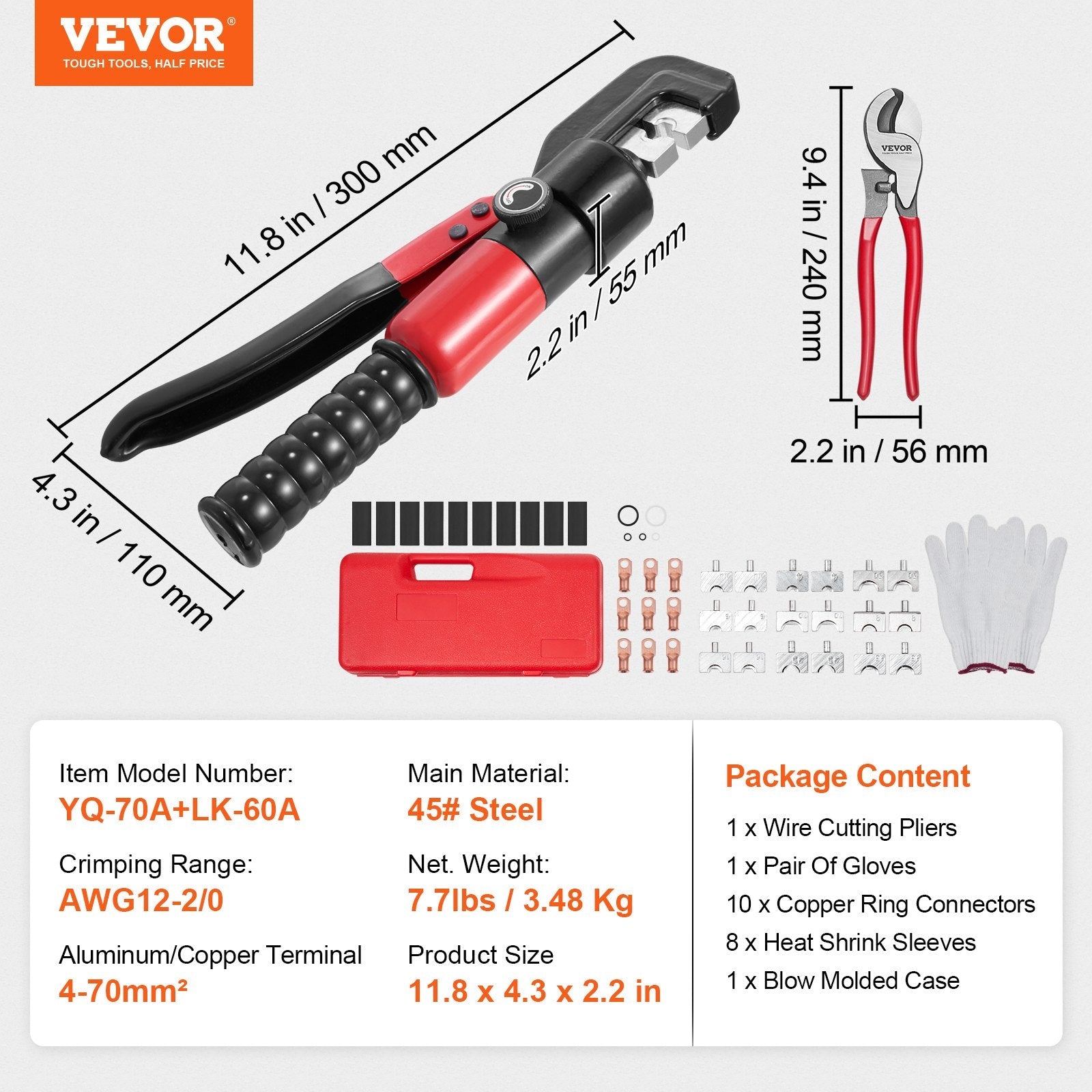 VEVOR Crimping Tool, AWG12-2/0 Copper And Aluminum Terminal Battery Lug Hydraulic Crimper, with a Cutting Pliers, Gloves, 10pcs Copper Ring Connectors, 8 x Heat Shrink Sleeves and a Blow Moulded Case 