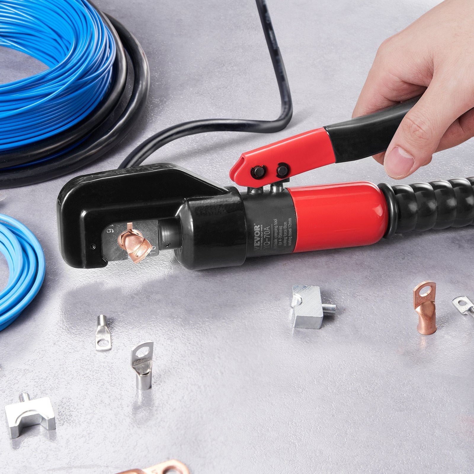 VEVOR Crimping Tool, AWG12-2/0 Copper And Aluminum Terminal Battery Lug Hydraulic Crimper, with a Cutting Pliers, Gloves, 10pcs Copper Ring Connectors, 8 x Heat Shrink Sleeves and a Blow Moulded Case 