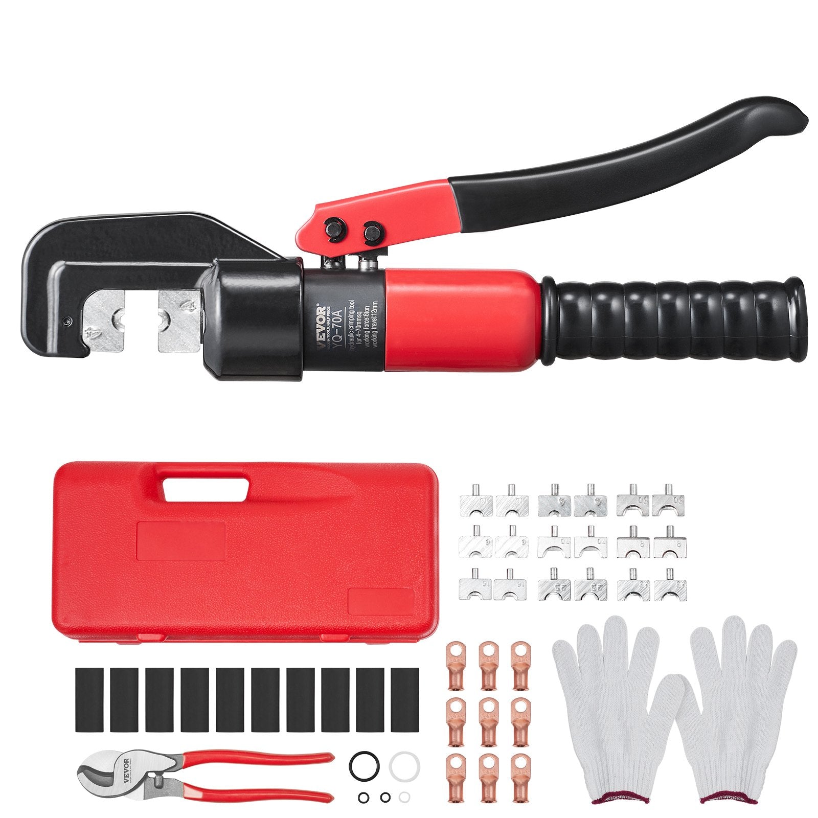 VEVOR Crimping Tool, AWG12-2/0 Copper And Aluminum Terminal Battery Lug Hydraulic Crimper, with a Cutting Pliers, Gloves, 10pcs Copper Ring Connectors, 8 x Heat Shrink Sleeves and a Blow Moulded Case 