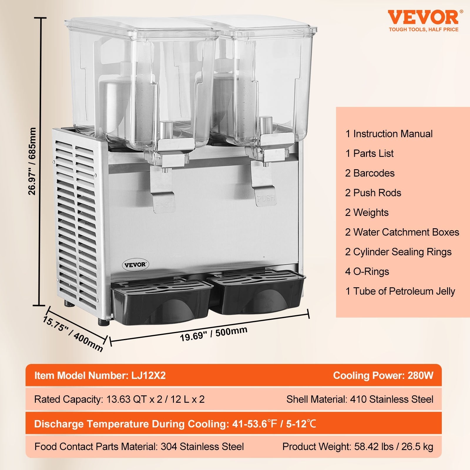 VEVOR Commercial Beverage Dispenser, 13.6 Qt 12L 2 Tanks Ice Tea Drink Machine, 280W 304 Stainless Steel Juice Dispenser with 41?-53.6? Thermostat Controller, for Cold Drink Restaurant Hotel Party 