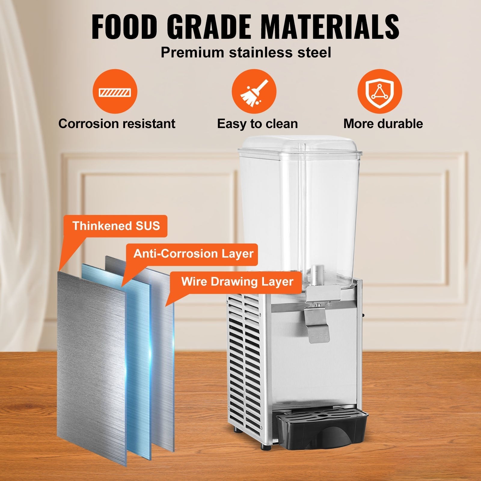 VEVOR Commercial Beverage Dispenser, 20.4 Qt 18L Single Tank Ice Tea Drink Machine, 325W 304 Stainless Steel Juice Dispenser with 41?-53.6? Thermostat Controller, for Cold Drink Restaurant Hotel Party 