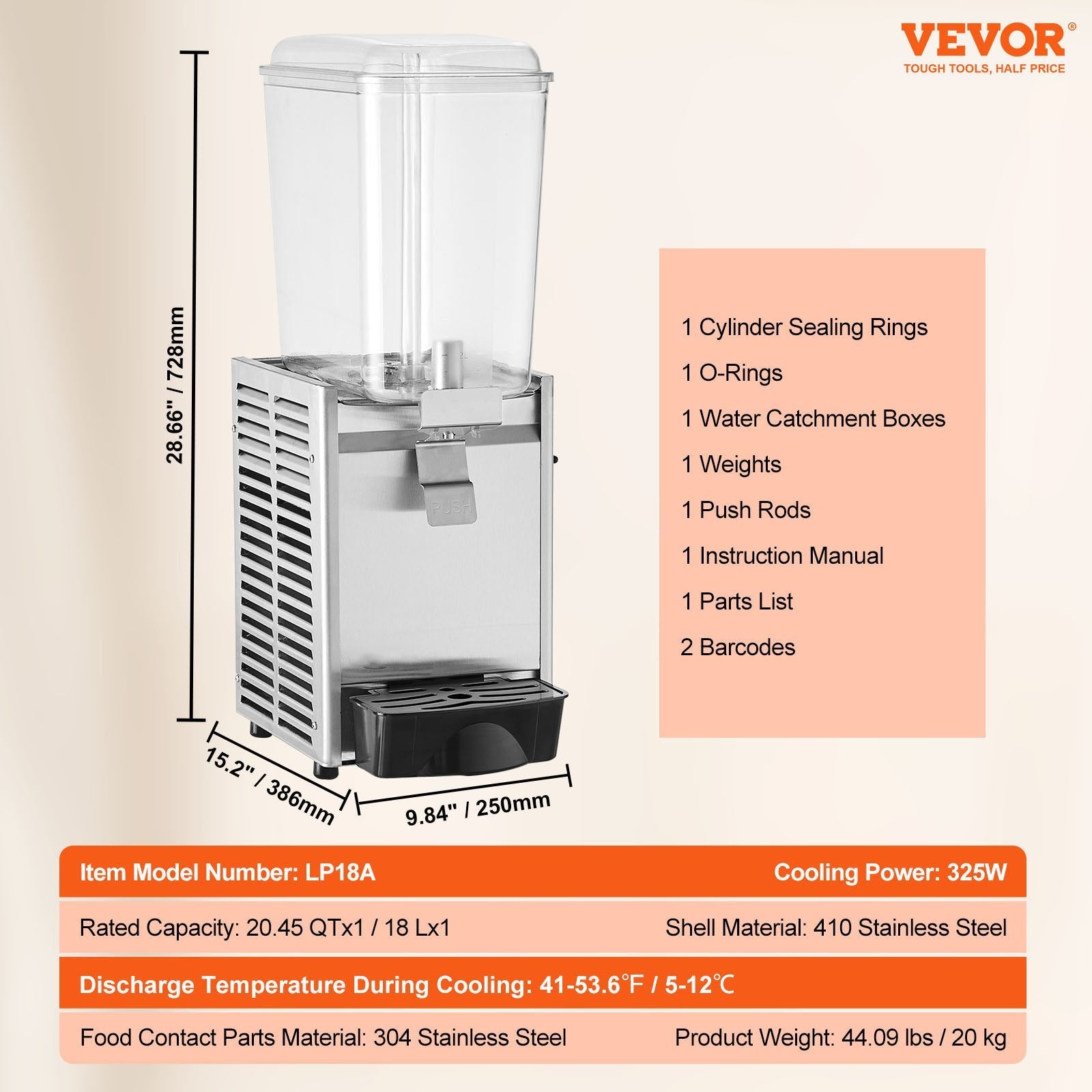 VEVOR Commercial Beverage Dispenser, 20.4 Qt 18L Single Tank Ice Tea Drink Machine, 325W 304 Stainless Steel Juice Dispenser with 41?-53.6? Thermostat Controller, for Cold Drink Restaurant Hotel Party 