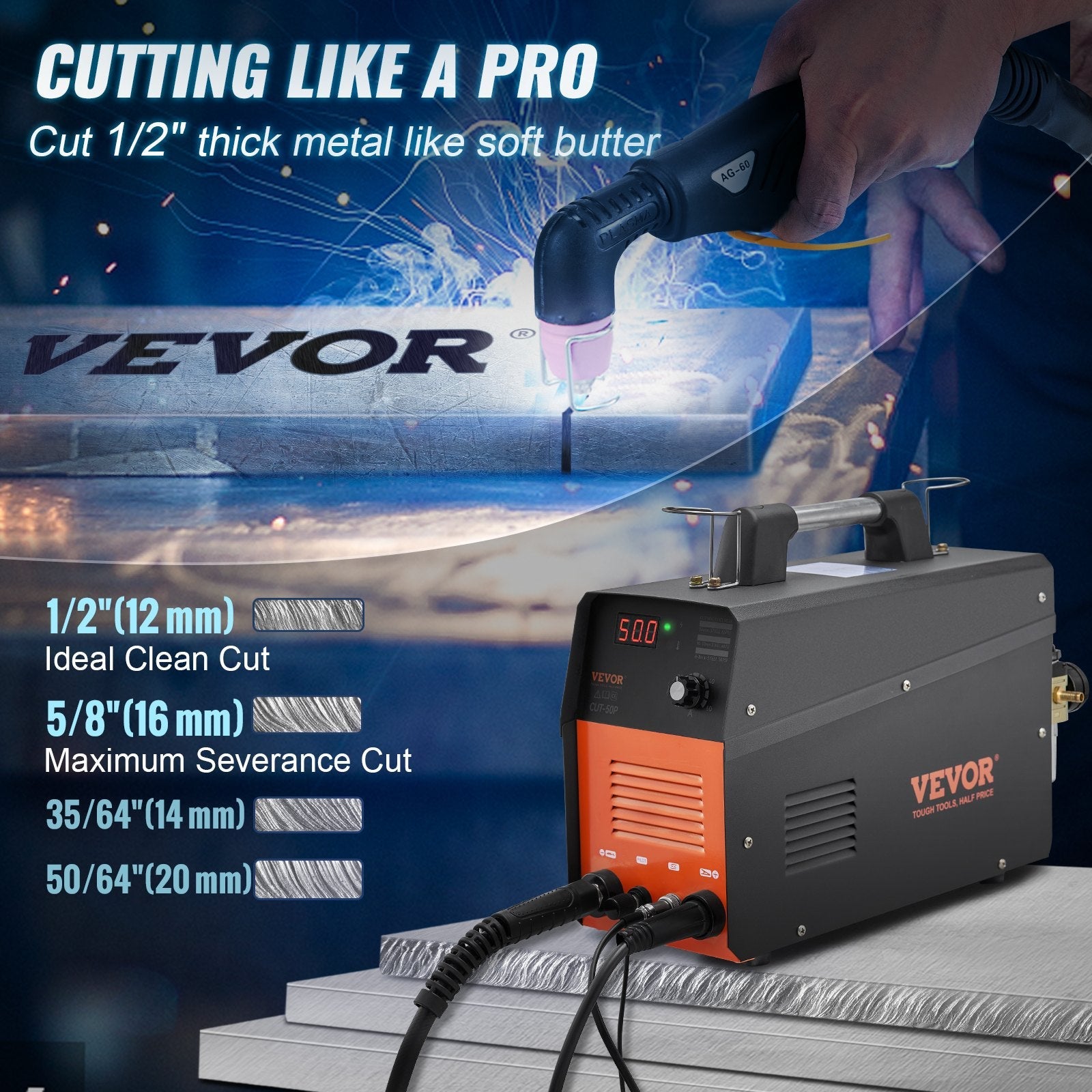 VEVOR Plasma Cutter, 50Amp, Non-Touch Pilot Arc Air Cutting Machine with Torch, 110V/220V Dual Voltage AC IGBT Inverter Metal Cutting Equipment for 1/2" Clean Cut Aluminum and Stainless Steel, Black 