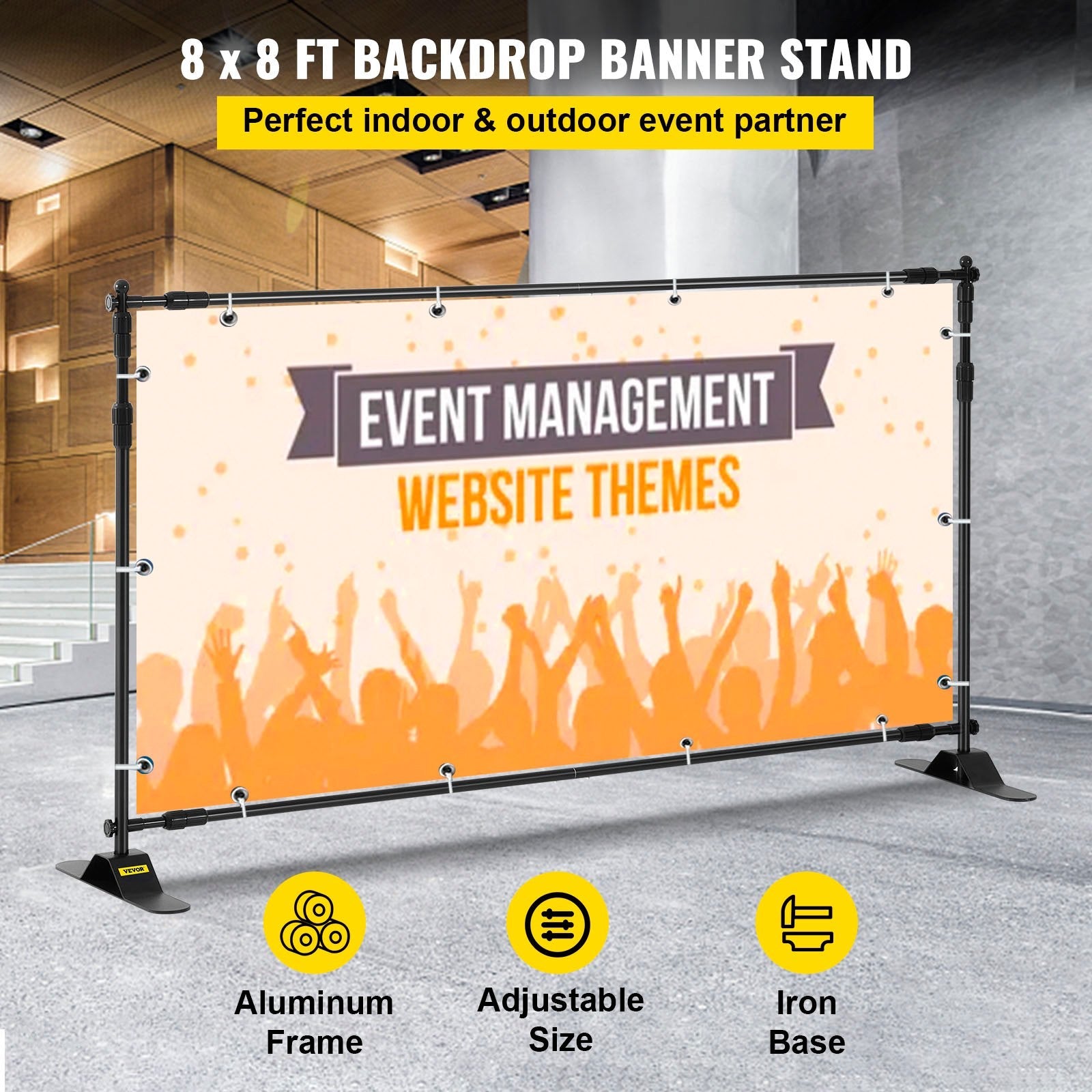 VEVOR 8×8feet Banner Stand Adjustable Display Backdrop Lightweight Portable Trade Show Wall for Photography(8' Banner Stand), Black 