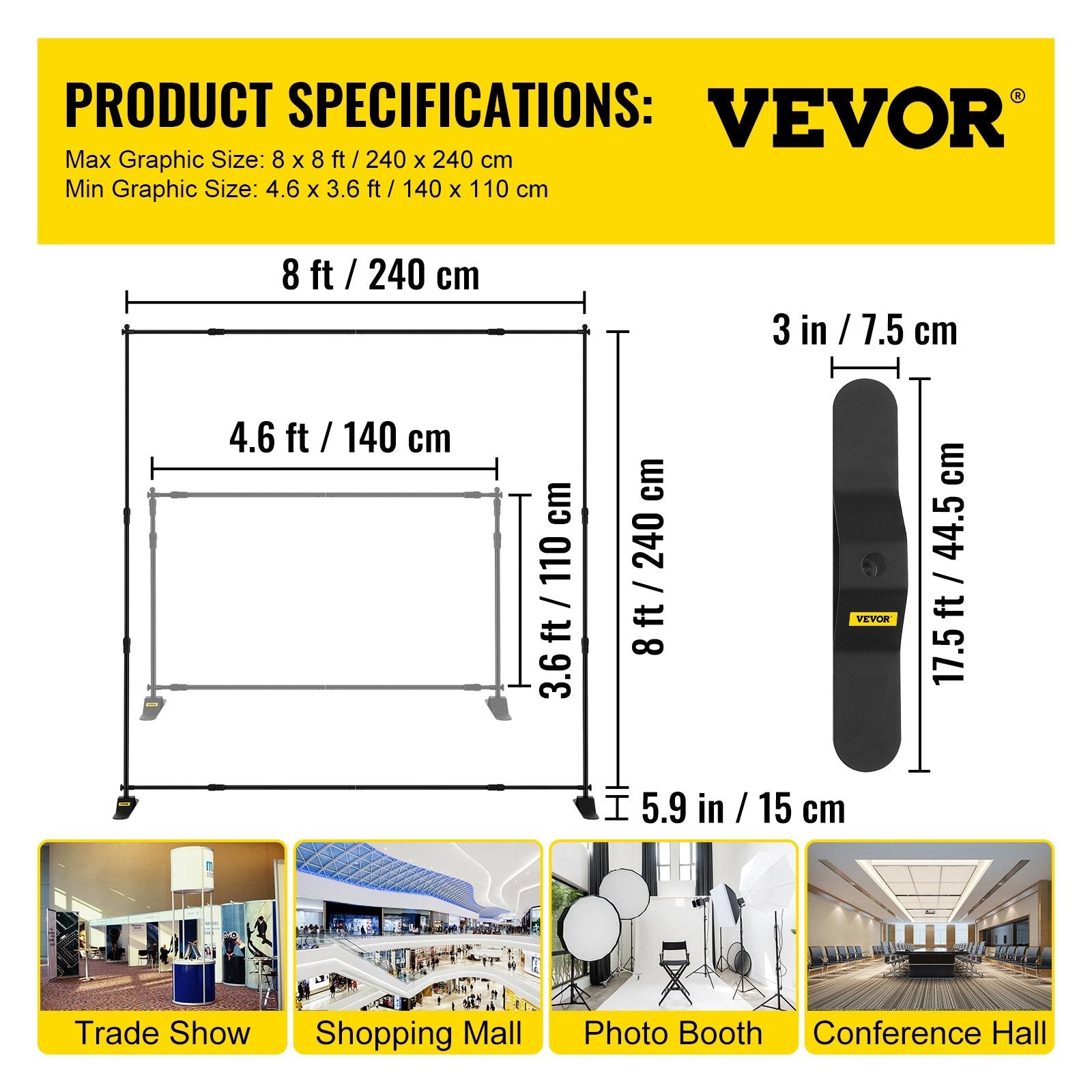 VEVOR 8×8feet Banner Stand Adjustable Display Backdrop Lightweight Portable Trade Show Wall for Photography(8' Banner Stand), Black 