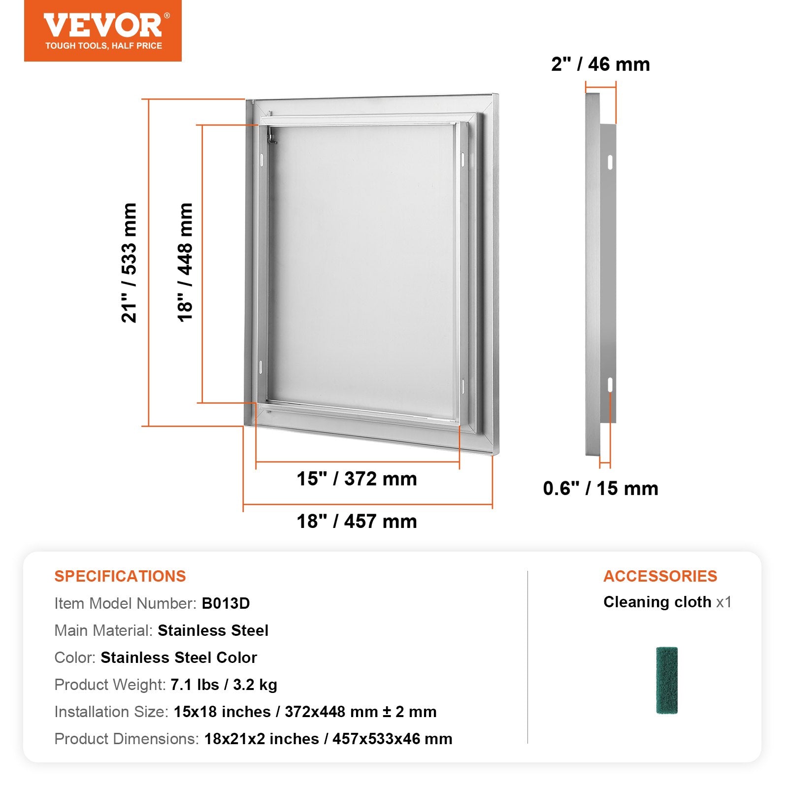 VEVOR BBQ Access Door, 18W x 21H Inch Single Outdoor Kitchen Door, Stainless Steel Flush Mount Door, Wall Vertical Door with Recessed Handle, for BBQ Island, Grilling Station, Outside Cabinet 