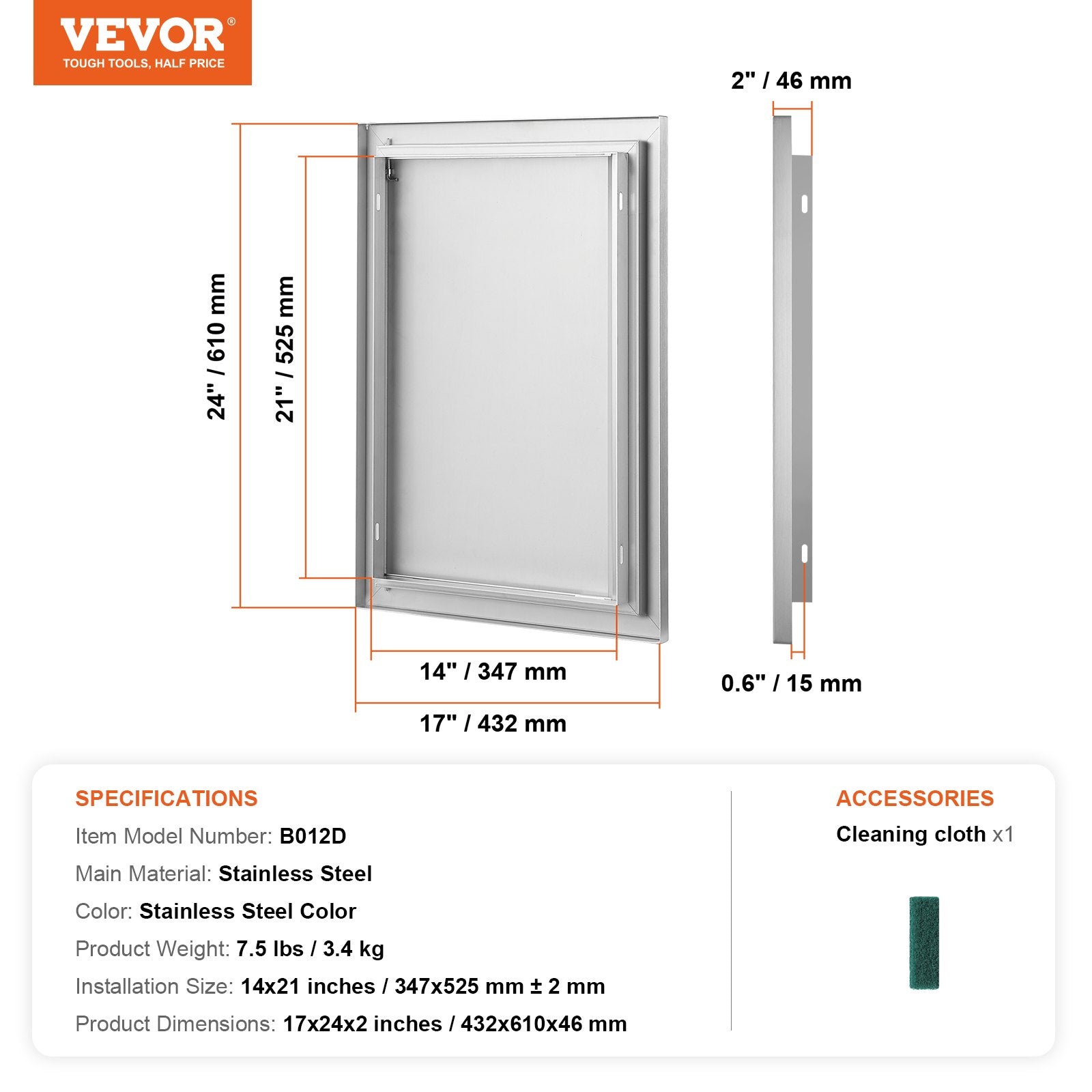 VEVOR BBQ Access Door, 17W x 24H Inch Single Outdoor Kitchen Door, Stainless Steel Flush Mount Door, Wall Vertical Door with Recessed Handle, for BBQ Island, Grilling Station, Outside Cabinet 