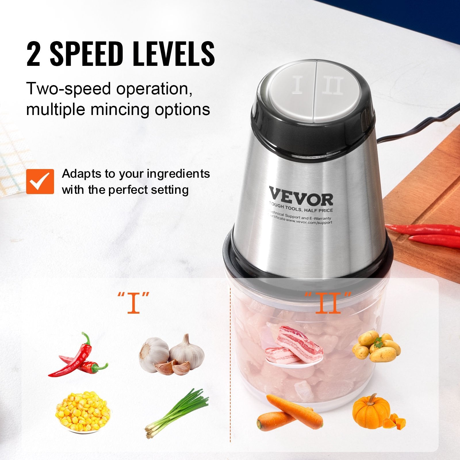 VEVOR Food Processor, Electric Meat Grinder with 4-Wing Stainless Steel Blades, 2.5 Cup Glass Bowl, 400W Electric Food Chopper, 2 Speeds Food Grinder for Baby Food, Meat, Onion, Vegetables 