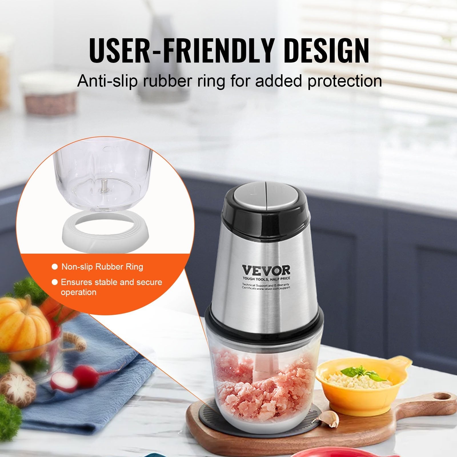 VEVOR Food Processor, Electric Meat Grinder with 4-Wing Stainless Steel Blades, 2.5 Cup Glass Bowl, 400W Electric Food Chopper, 2 Speeds Food Grinder for Baby Food, Meat, Onion, Vegetables 