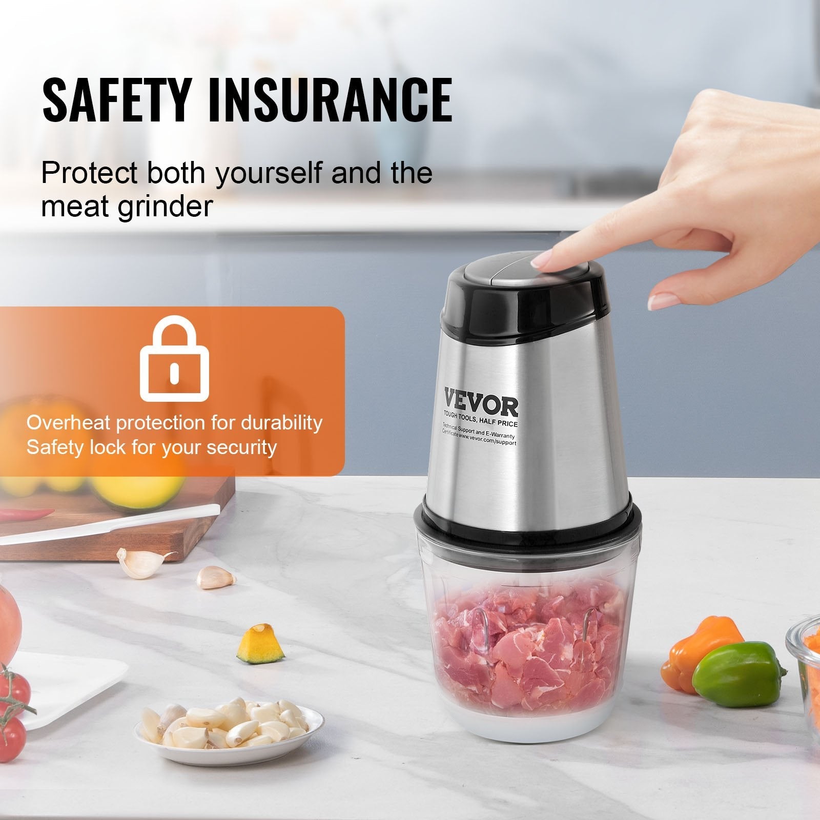VEVOR Food Processor, Electric Meat Grinder with 4-Wing Stainless Steel Blades, 2.5 Cup Glass Bowl, 400W Electric Food Chopper, 2 Speeds Food Grinder for Baby Food, Meat, Onion, Vegetables 