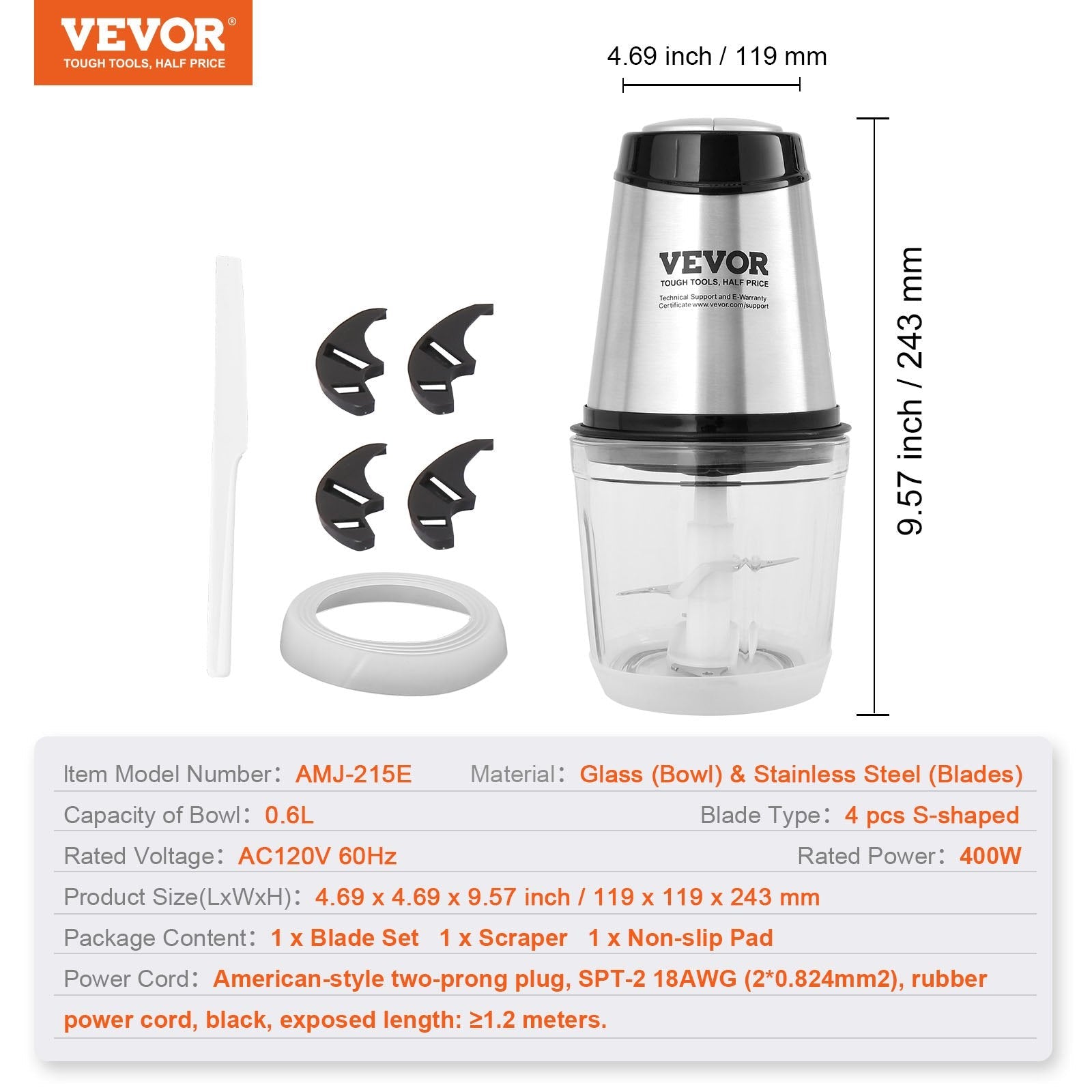 VEVOR Food Processor, Electric Meat Grinder with 4-Wing Stainless Steel Blades, 2.5 Cup Glass Bowl, 400W Electric Food Chopper, 2 Speeds Food Grinder for Baby Food, Meat, Onion, Vegetables 