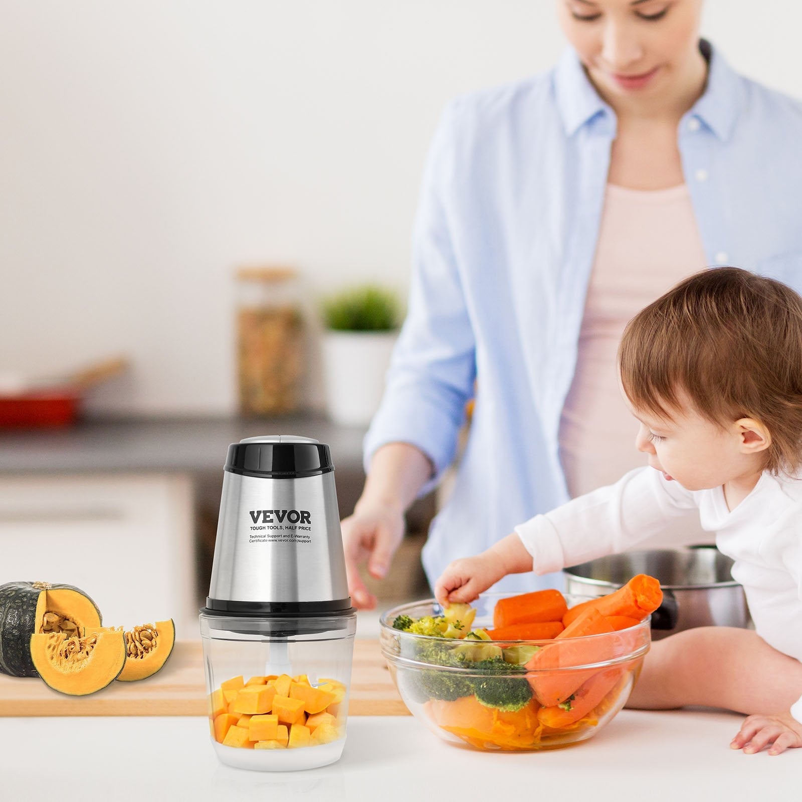 VEVOR Food Processor, Electric Meat Grinder with 4-Wing Stainless Steel Blades, 2.5 Cup Glass Bowl, 400W Electric Food Chopper, 2 Speeds Food Grinder for Baby Food, Meat, Onion, Vegetables 
