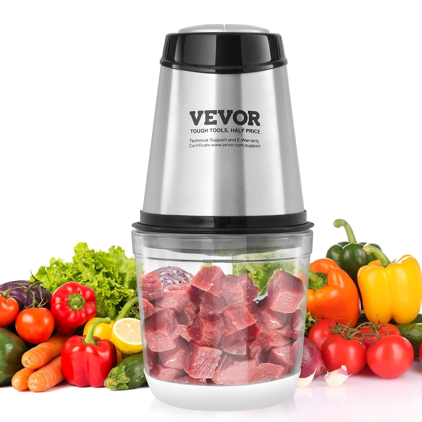 VEVOR Food Processor, Electric Meat Grinder with 4-Wing Stainless Steel Blades, 2.5 Cup Glass Bowl, 400W Electric Food Chopper, 2 Speeds Food Grinder for Baby Food, Meat, Onion, Vegetables 