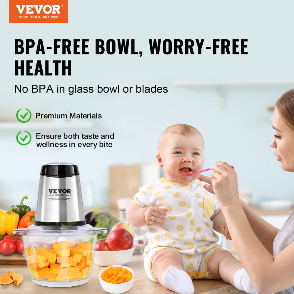 VEVOR Food Processor, Electric Meat Grinder with 4 Stainless Steel Blades, 400W Electric Food Chopper, 5 Cup Glass Bowl, 2 Speeds Food Grinder for Baby Food, Meat, Onion, Vegetables 