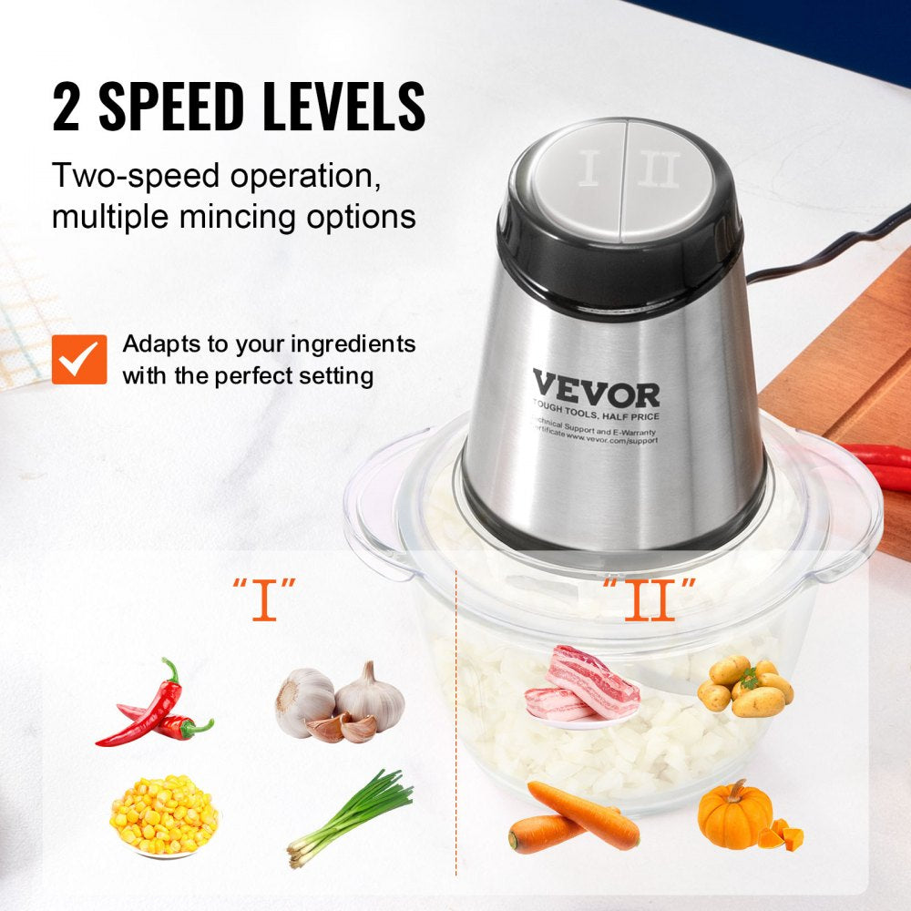 VEVOR Food Processor, Electric Meat Grinder with 4 Stainless Steel Blades, 400W Electric Food Chopper, 5 Cup Glass Bowl, 2 Speeds Food Grinder for Baby Food, Meat, Onion, Vegetables 