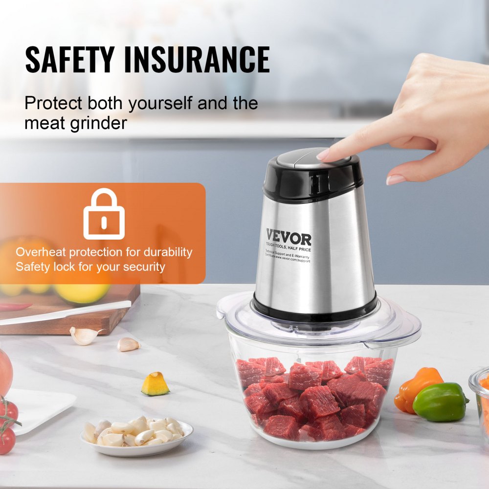 VEVOR Food Processor, Electric Meat Grinder with 4 Stainless Steel Blades, 400W Electric Food Chopper, 5 Cup Glass Bowl, 2 Speeds Food Grinder for Baby Food, Meat, Onion, Vegetables 