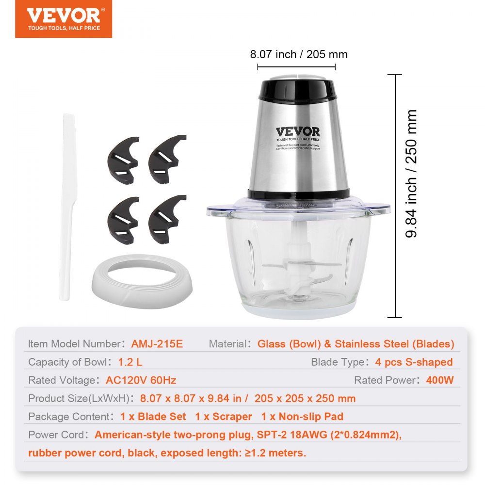 VEVOR Food Processor, Electric Meat Grinder with 4 Stainless Steel Blades, 400W Electric Food Chopper, 5 Cup Glass Bowl, 2 Speeds Food Grinder for Baby Food, Meat, Onion, Vegetables 