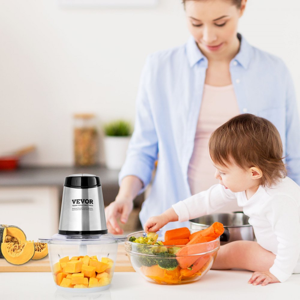 VEVOR Food Processor, Electric Meat Grinder with 4 Stainless Steel Blades, 400W Electric Food Chopper, 5 Cup Glass Bowl, 2 Speeds Food Grinder for Baby Food, Meat, Onion, Vegetables 