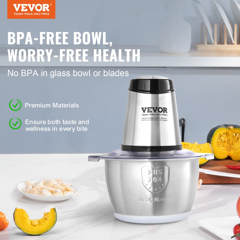 VEVOR Food Processor, Electric Meat Grinder with 4-Wing Stainless Steel Blades, 400W Electric Food Chopper, 8 Cup Stainless Steel Bowl, 2 Speeds Food Grinder for Baby Food, Meat, Onion, Vegetables 