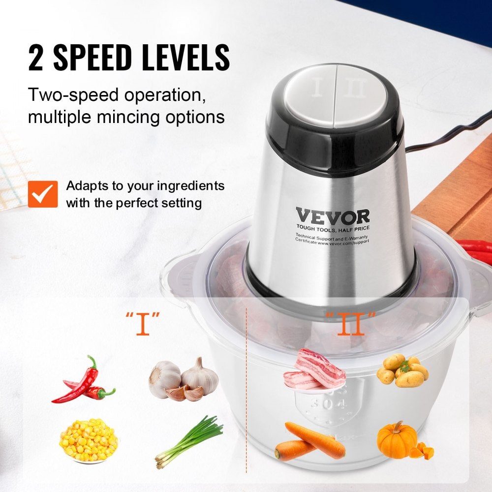 VEVOR Food Processor, Electric Meat Grinder with 4-Wing Stainless Steel Blades, 400W Electric Food Chopper, 8 Cup Stainless Steel Bowl, 2 Speeds Food Grinder for Baby Food, Meat, Onion, Vegetables 