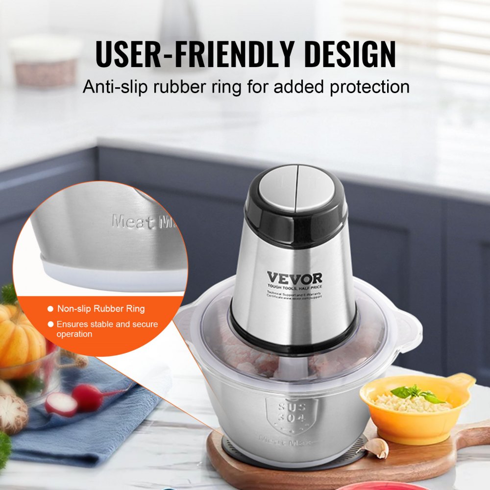 VEVOR Food Processor, Electric Meat Grinder with 4-Wing Stainless Steel Blades, 400W Electric Food Chopper, 8 Cup Stainless Steel Bowl, 2 Speeds Food Grinder for Baby Food, Meat, Onion, Vegetables 