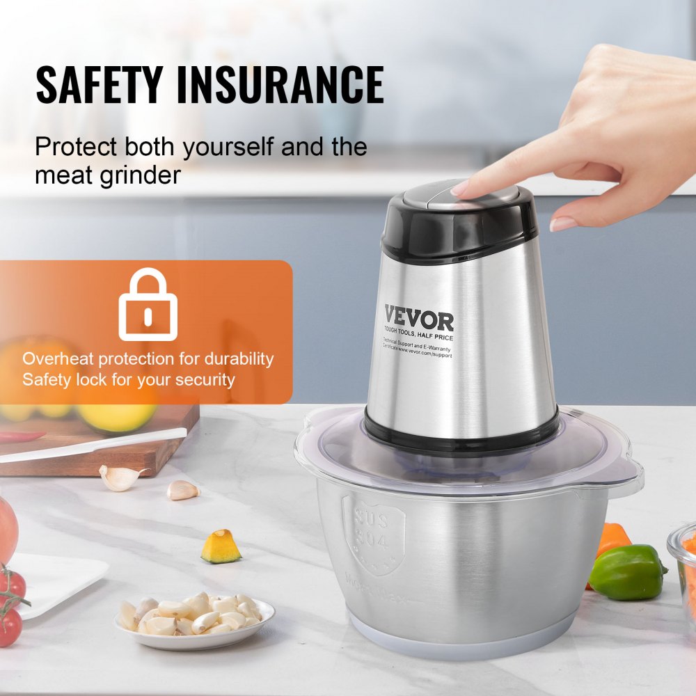 VEVOR Food Processor, Electric Meat Grinder with 4-Wing Stainless Steel Blades, 400W Electric Food Chopper, 8 Cup Stainless Steel Bowl, 2 Speeds Food Grinder for Baby Food, Meat, Onion, Vegetables 