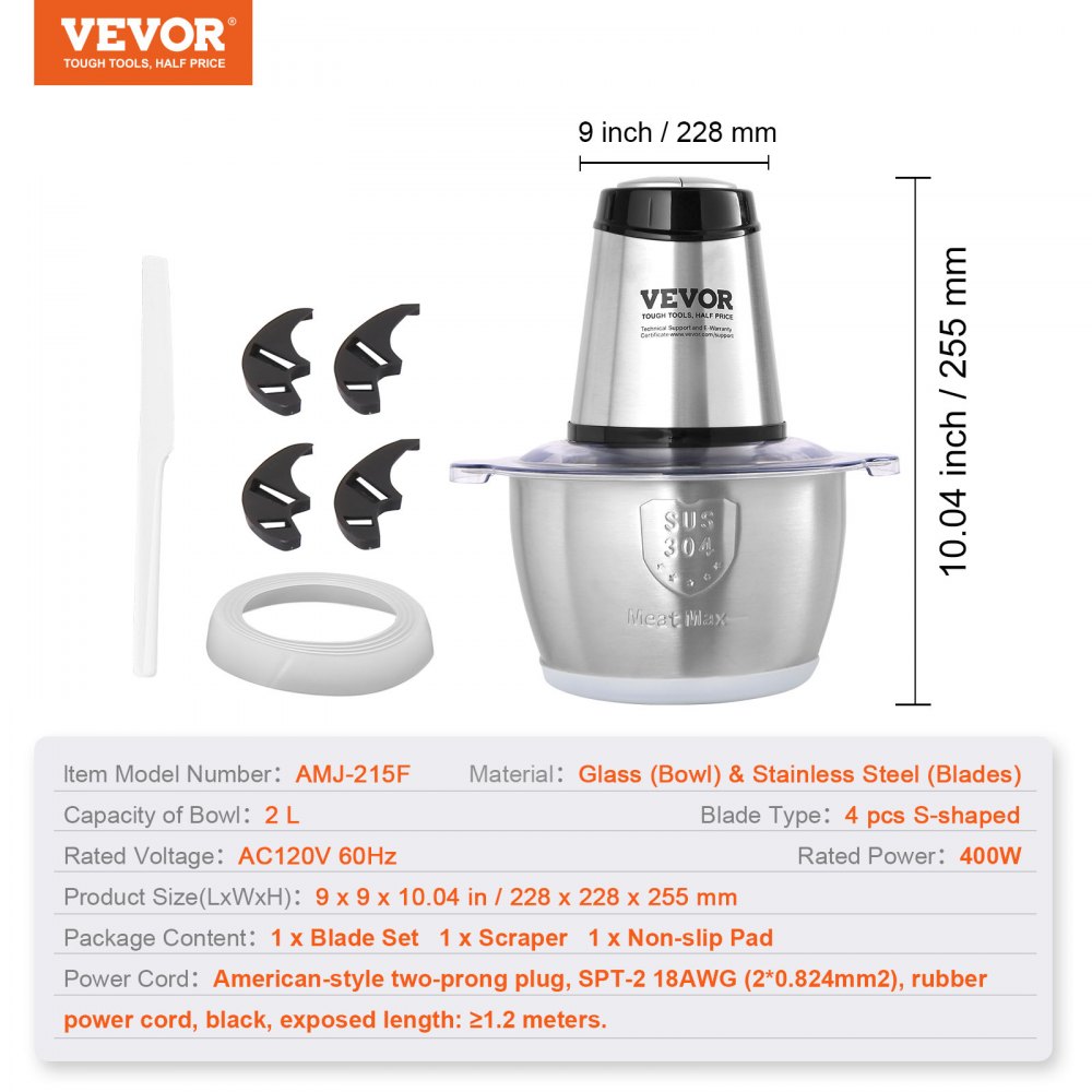VEVOR Food Processor, Electric Meat Grinder with 4-Wing Stainless Steel Blades, 400W Electric Food Chopper, 8 Cup Stainless Steel Bowl, 2 Speeds Food Grinder for Baby Food, Meat, Onion, Vegetables 
