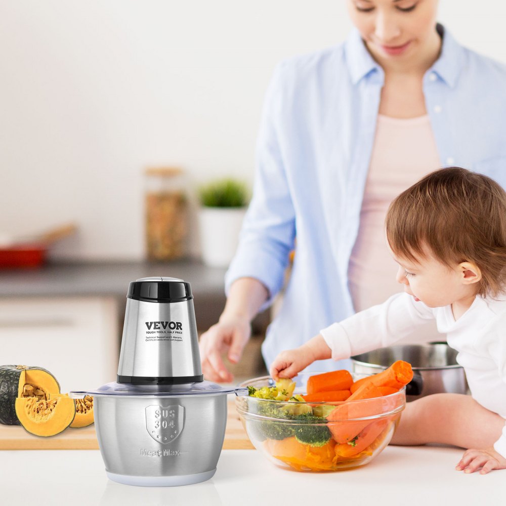 VEVOR Food Processor, Electric Meat Grinder with 4-Wing Stainless Steel Blades, 400W Electric Food Chopper, 8 Cup Stainless Steel Bowl, 2 Speeds Food Grinder for Baby Food, Meat, Onion, Vegetables 